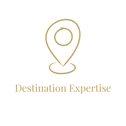 Gold destination expertise icon with location pin symbol on white background.