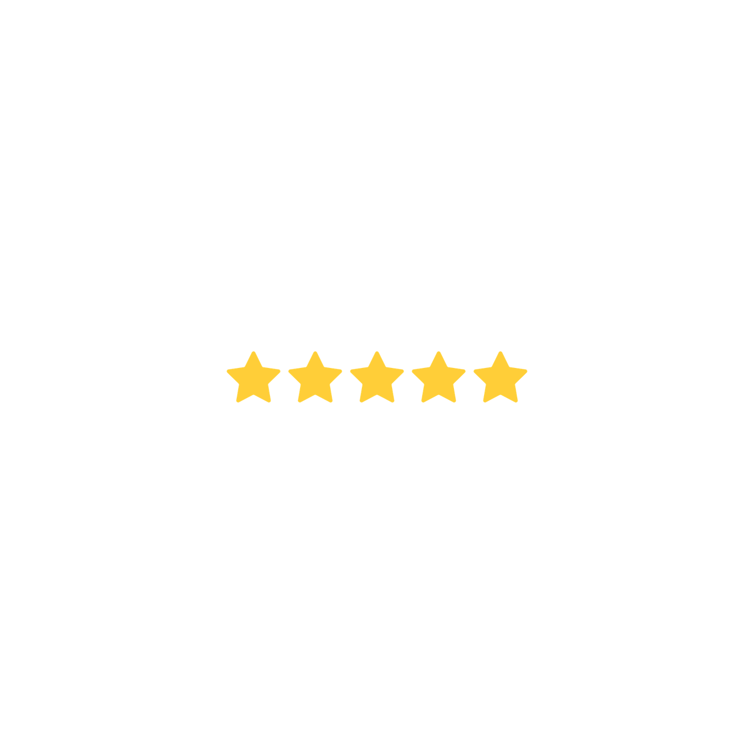 Five golden yellow star rating icons displayed in a horizontal row on a white background.