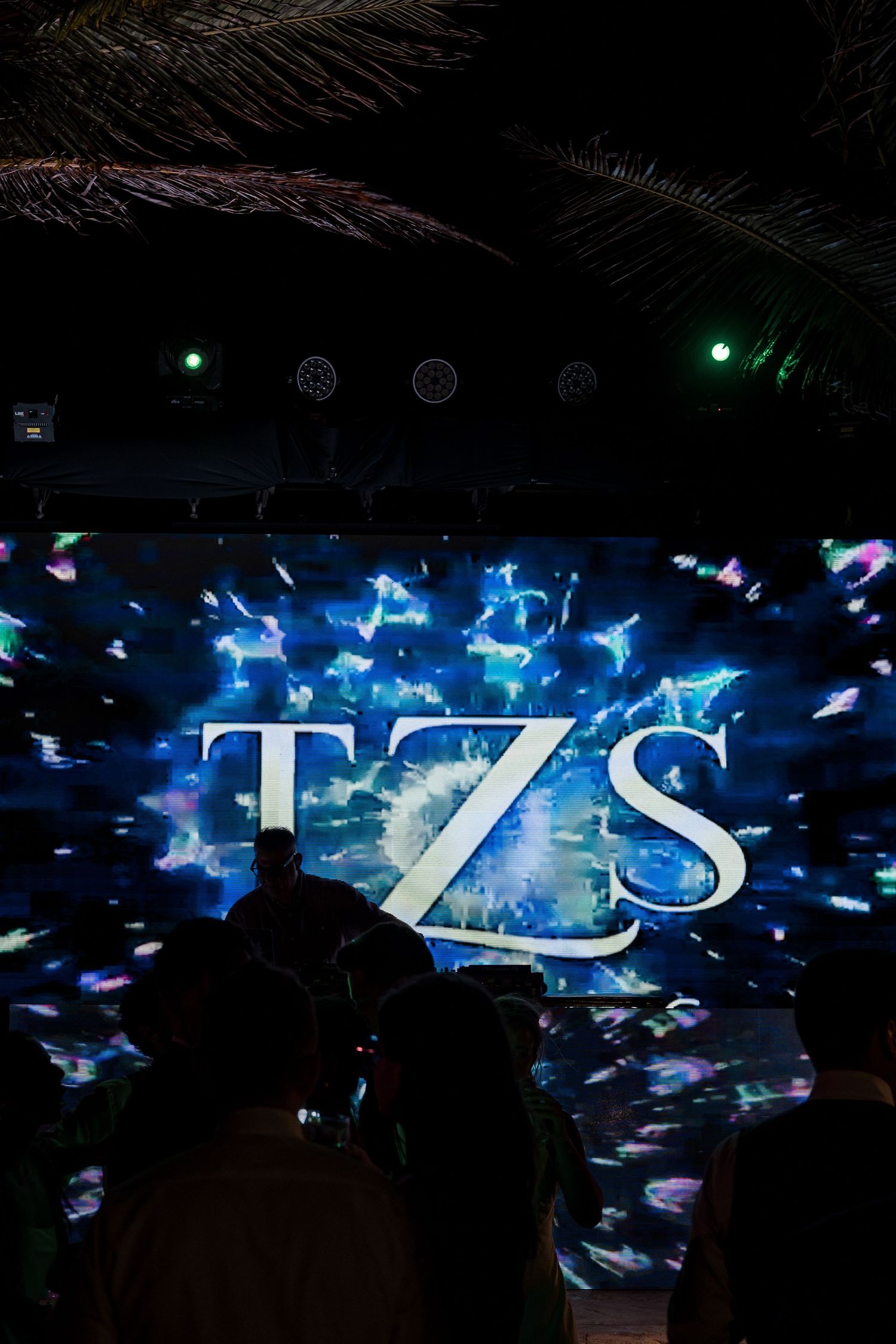 TZS logo displayed on a vibrant blue LED screen at a nightclub event with silhouetted crowd at TRS Yucatán Hotel Wedding