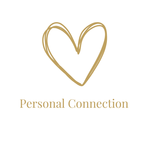 Gold hand-drawn heart icon with personal connection text on white background.