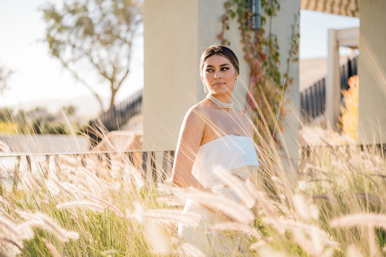 Elegant bride in a white gown standing among tall golden grasses in warm sunlight.