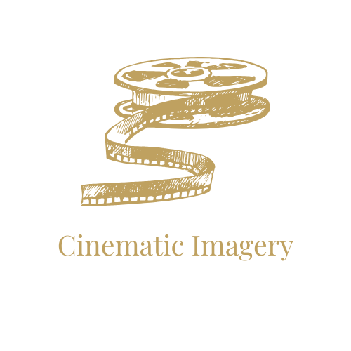 Gold vintage film reel icon with cinematic imagery text on white background.
