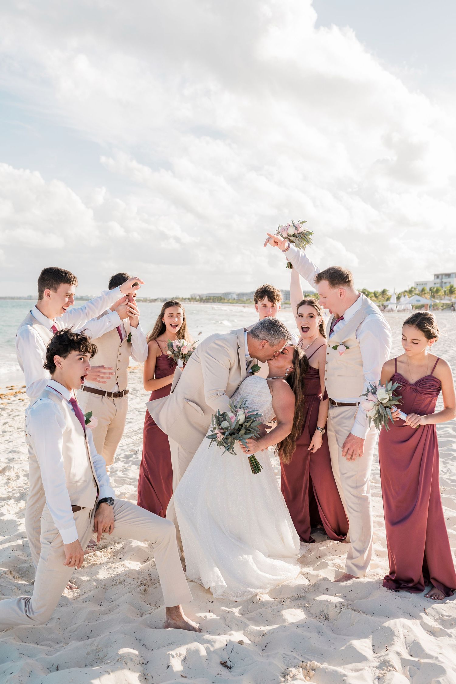 wedding at planet Hollywood costa mujeres, bridal party fun portrait