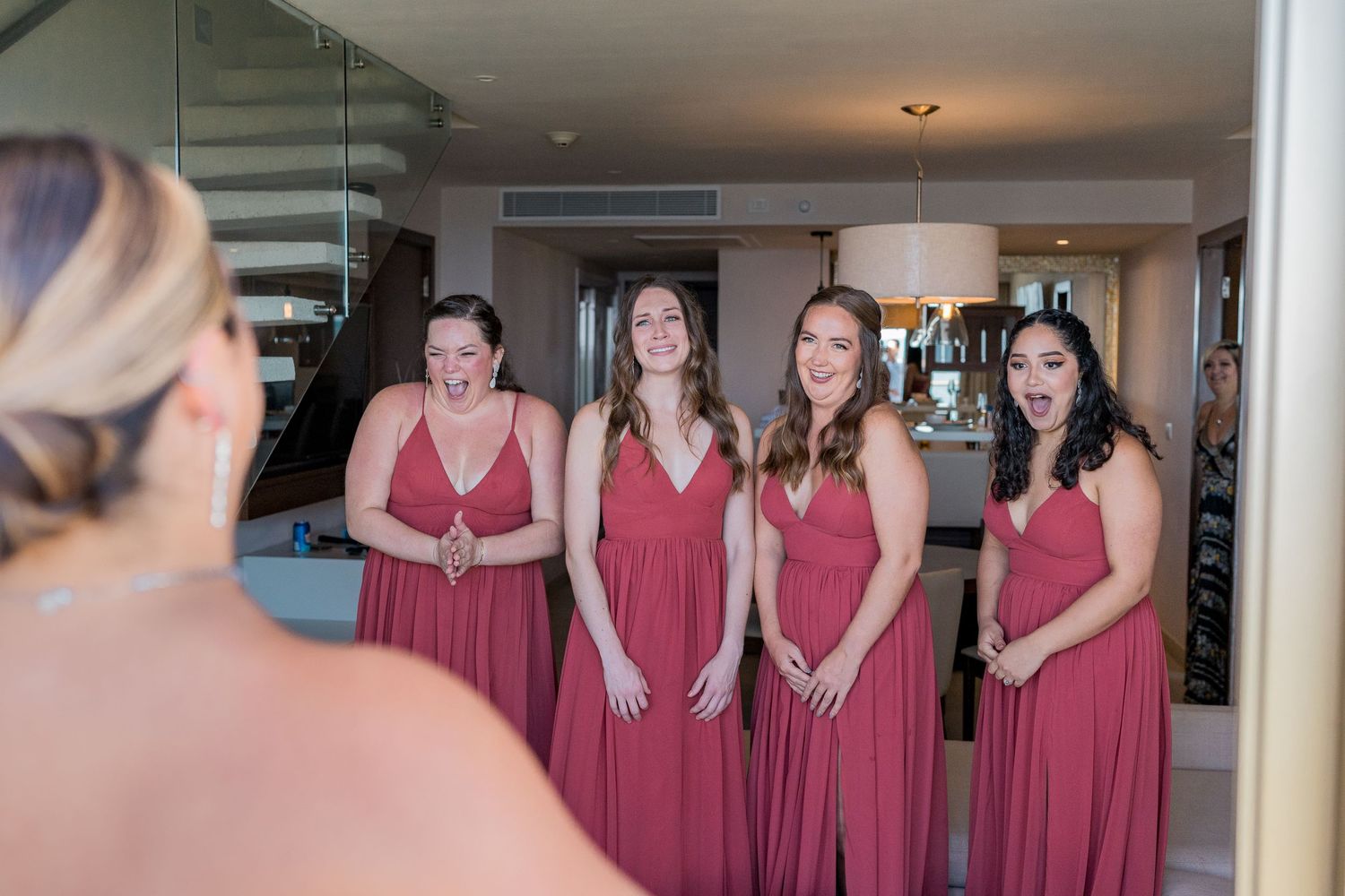 Royalton Riviera Cancun Wedding bridesmaids first look with bride