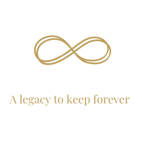 Gold infinity symbol with a legacy to keep forever text on white background.
