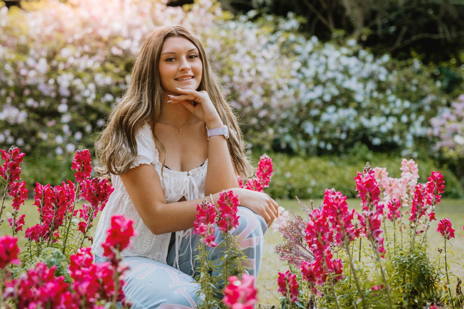 Casual girl's portrait session wildflowers at Airlie Gardens, Wilmington, NC