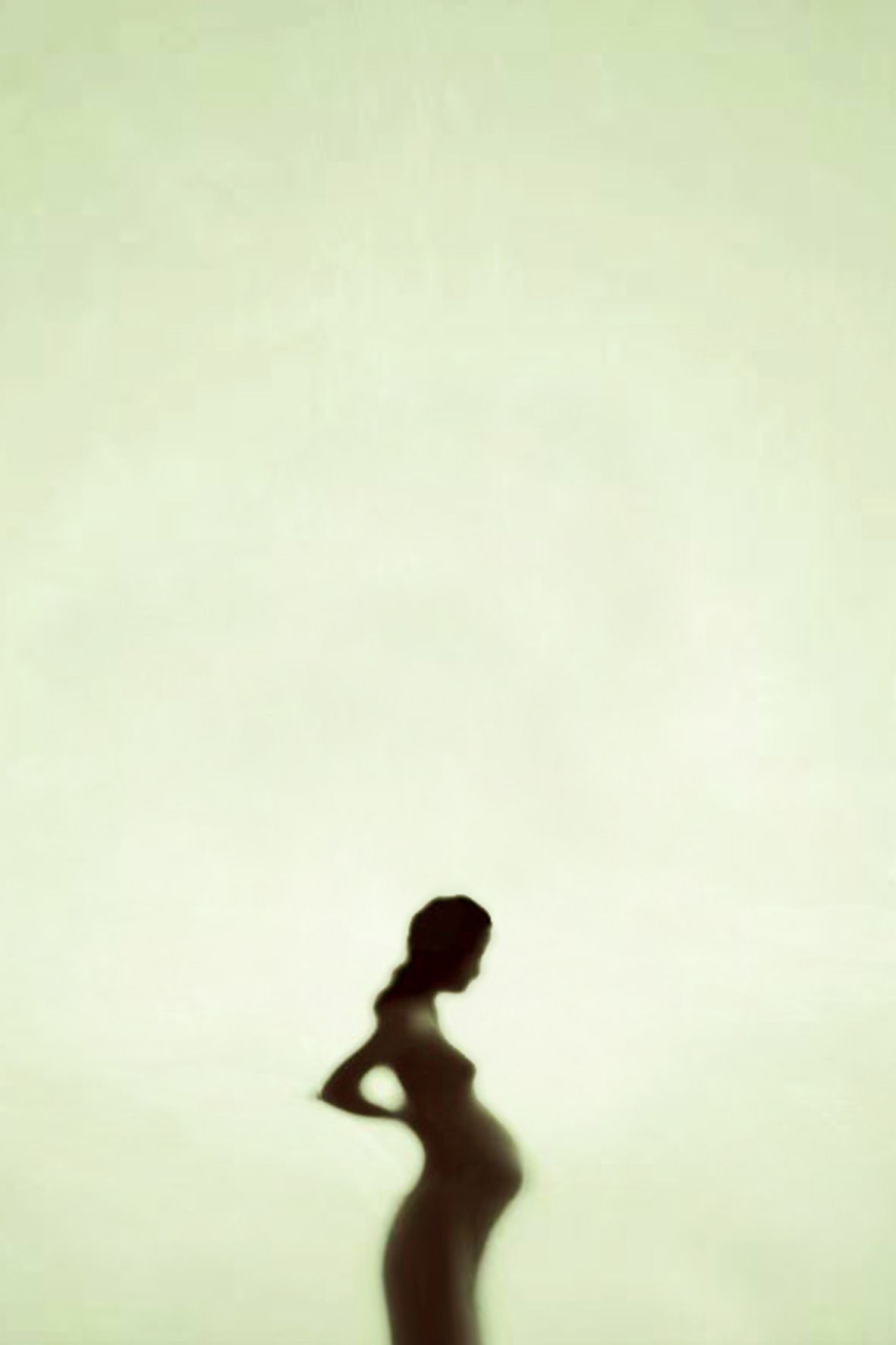 Artistic silhouette photograph of a pregnant woman's profile against a light green background.