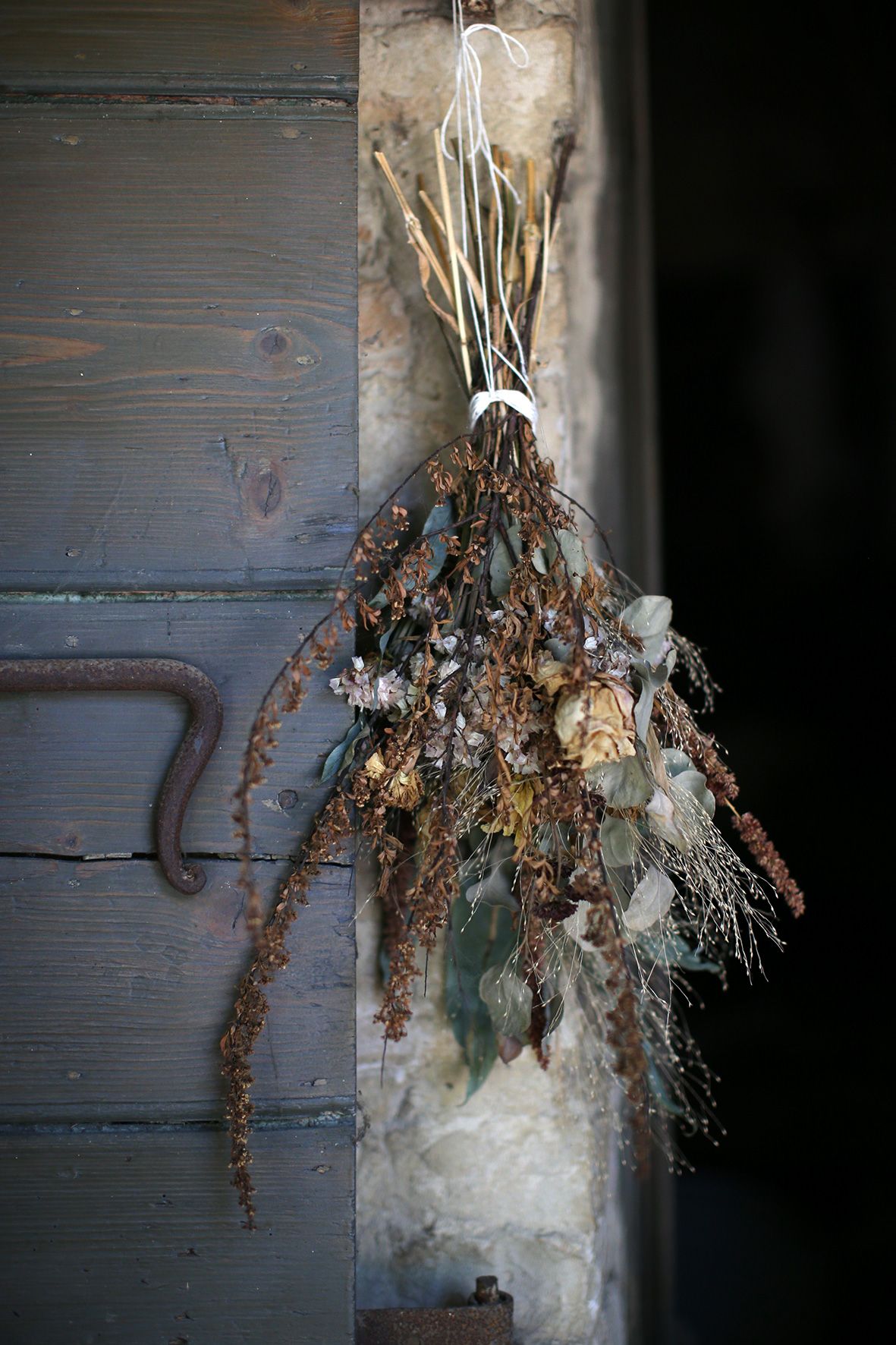 A dried bouquet of plants and roots hangs on a rustic wooden wall in shadowy lighting.