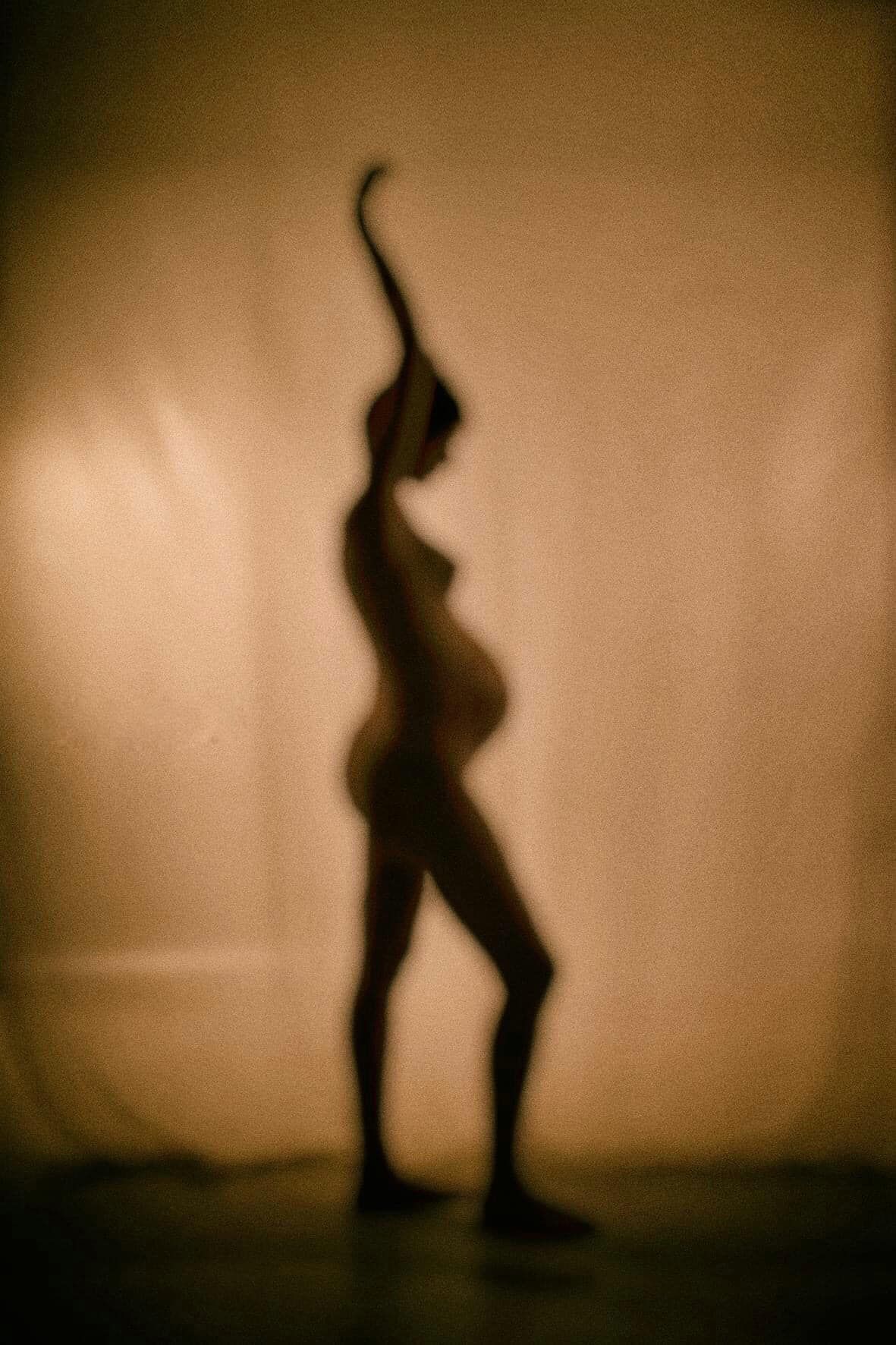 Artistic silhouette of a graceful dancer posing with raised arm against sepia-toned background.