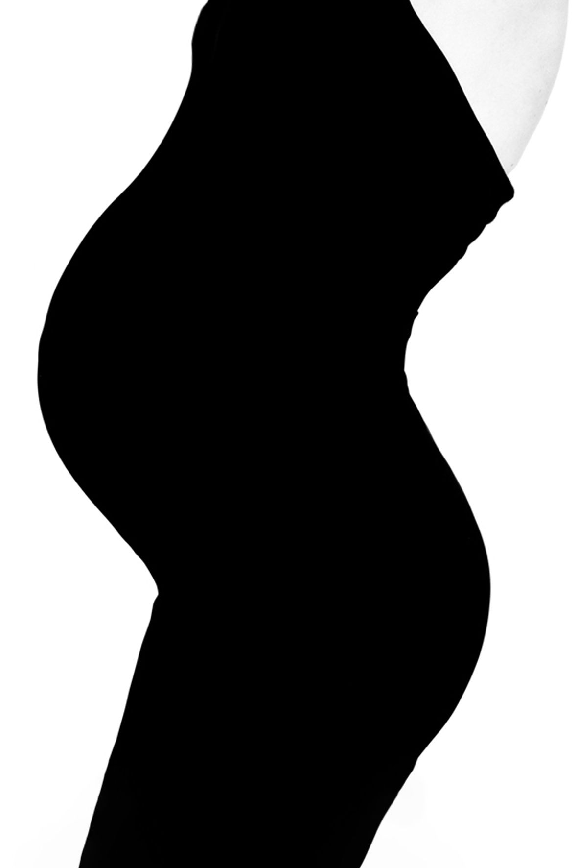 Black and white silhouette profile of a pregnant woman's belly against a white background.