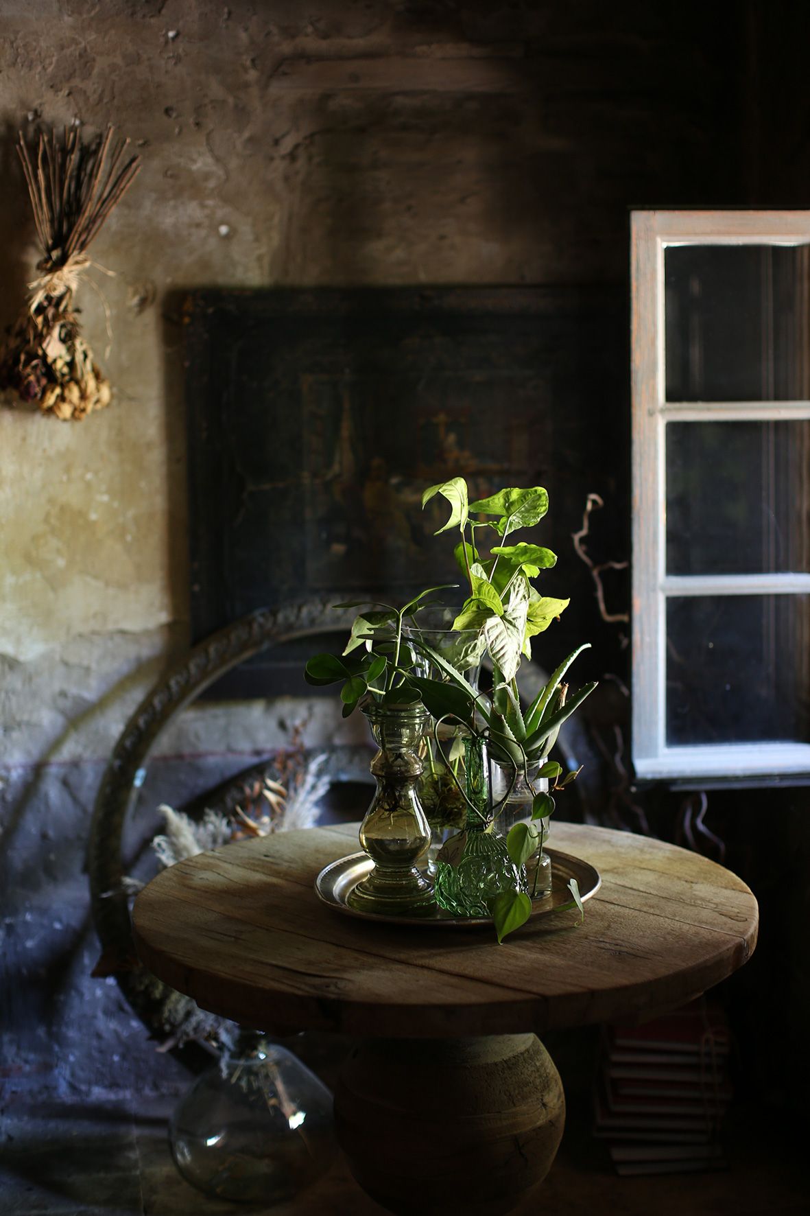 A rustic wooden table with green plants in a clear vase sits near a window in a dimly lit vintage room with aged walls.