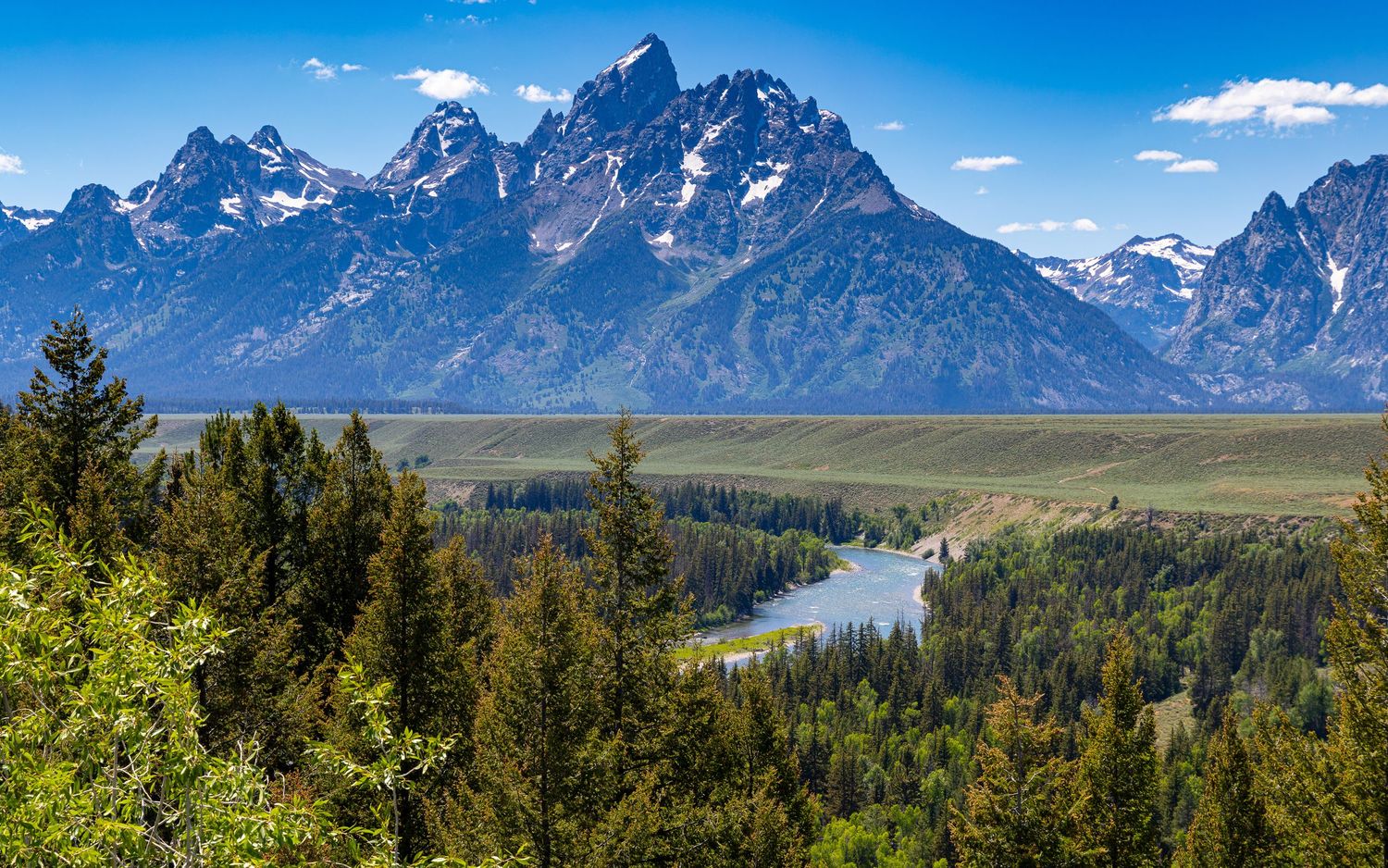 Snake River winds through forest below Grand Teton peaks on a clear summer day.