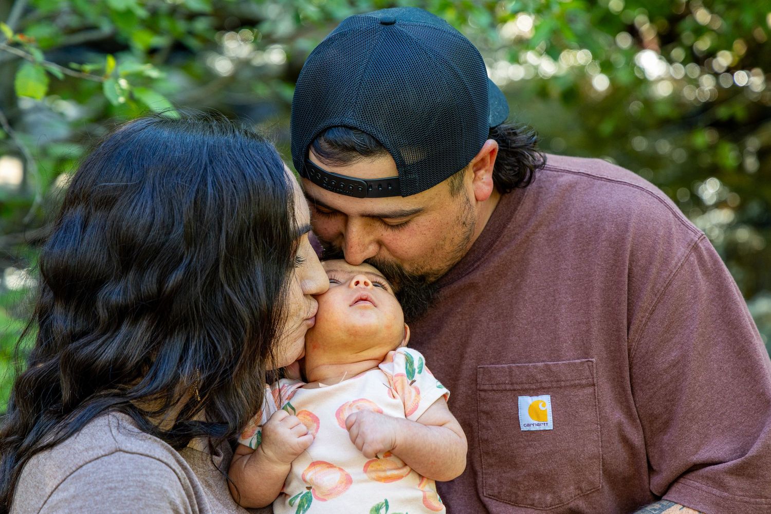 A collage of tender family moments shows parents sharing affectionate kisses with a small child outdoors.