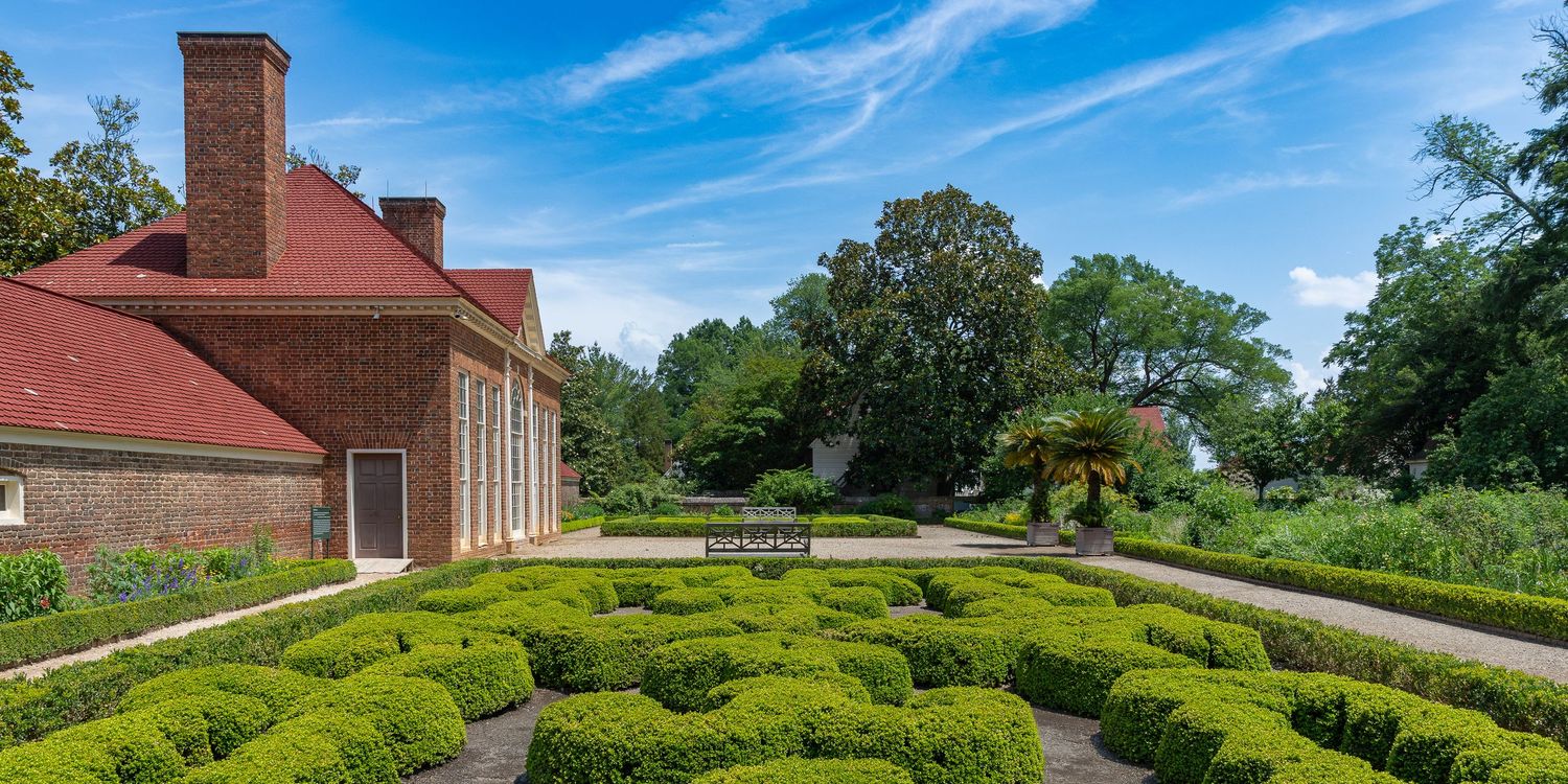 Historic colonial garden with neatly trimmed boxwood hedges beside a brick building under a bright blue sky.