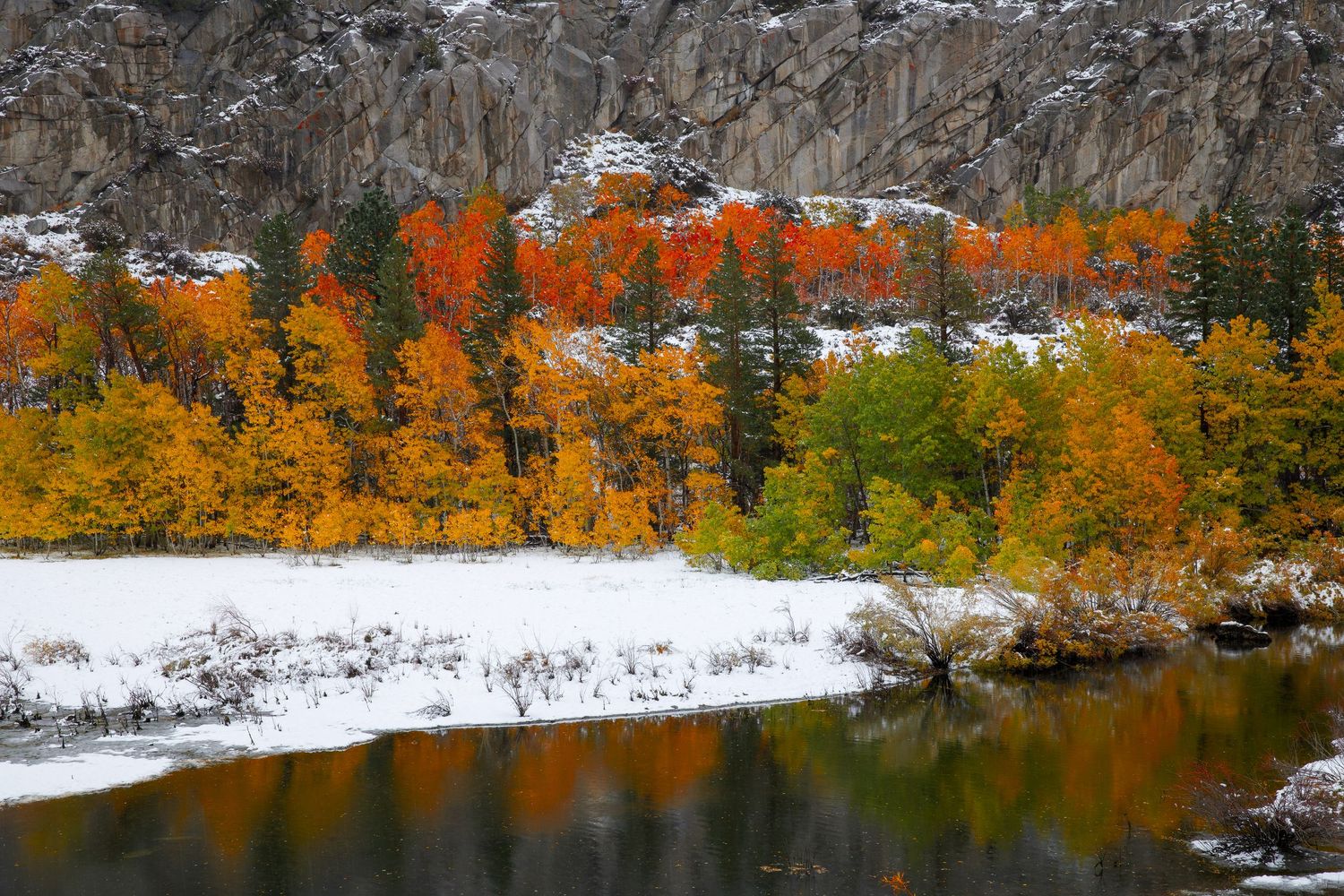Panoramic view of a snow-covered landscape with vibrant autumn trees reflecting in a calm lake.