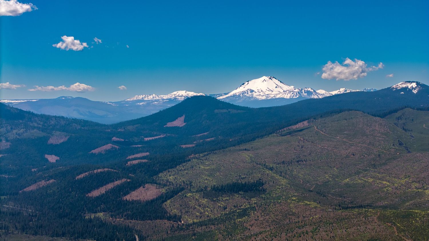 Snow-capped mountain peaks rise above forested hills under bright blue skies.