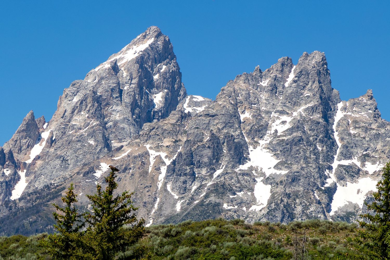 Rugged peaks of the Grand Teton mountain range covered in snow against a clear blue sky.