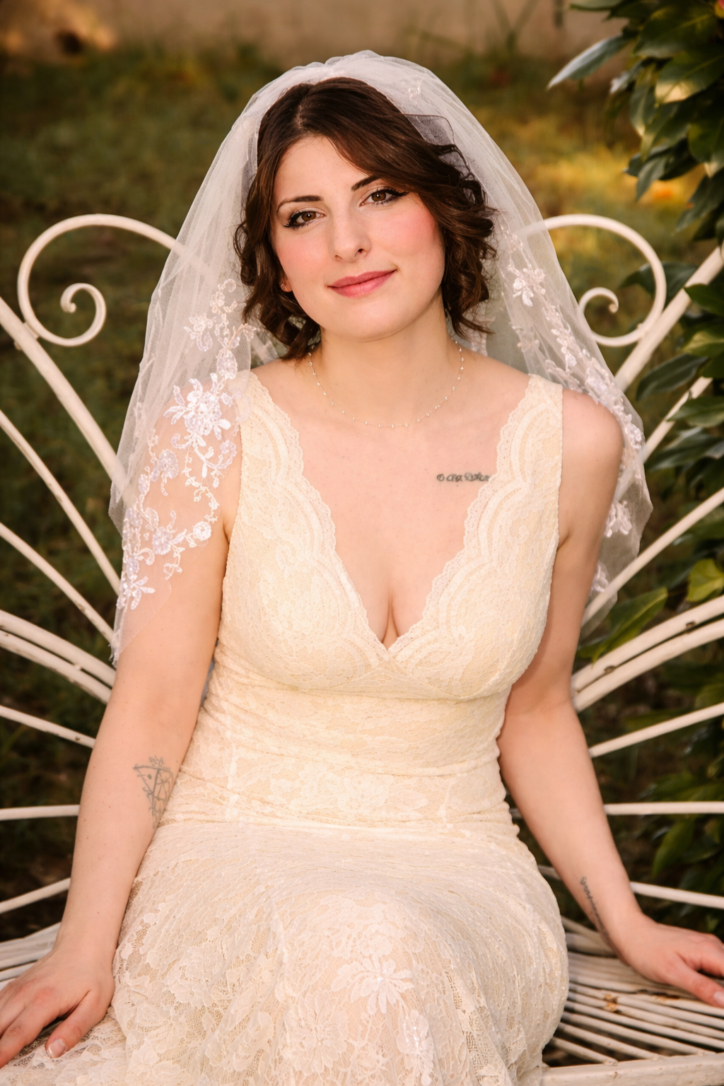 A bride in a white lace wedding dress with a veil poses on a decorative white metal bench in an outdoor garden setting.