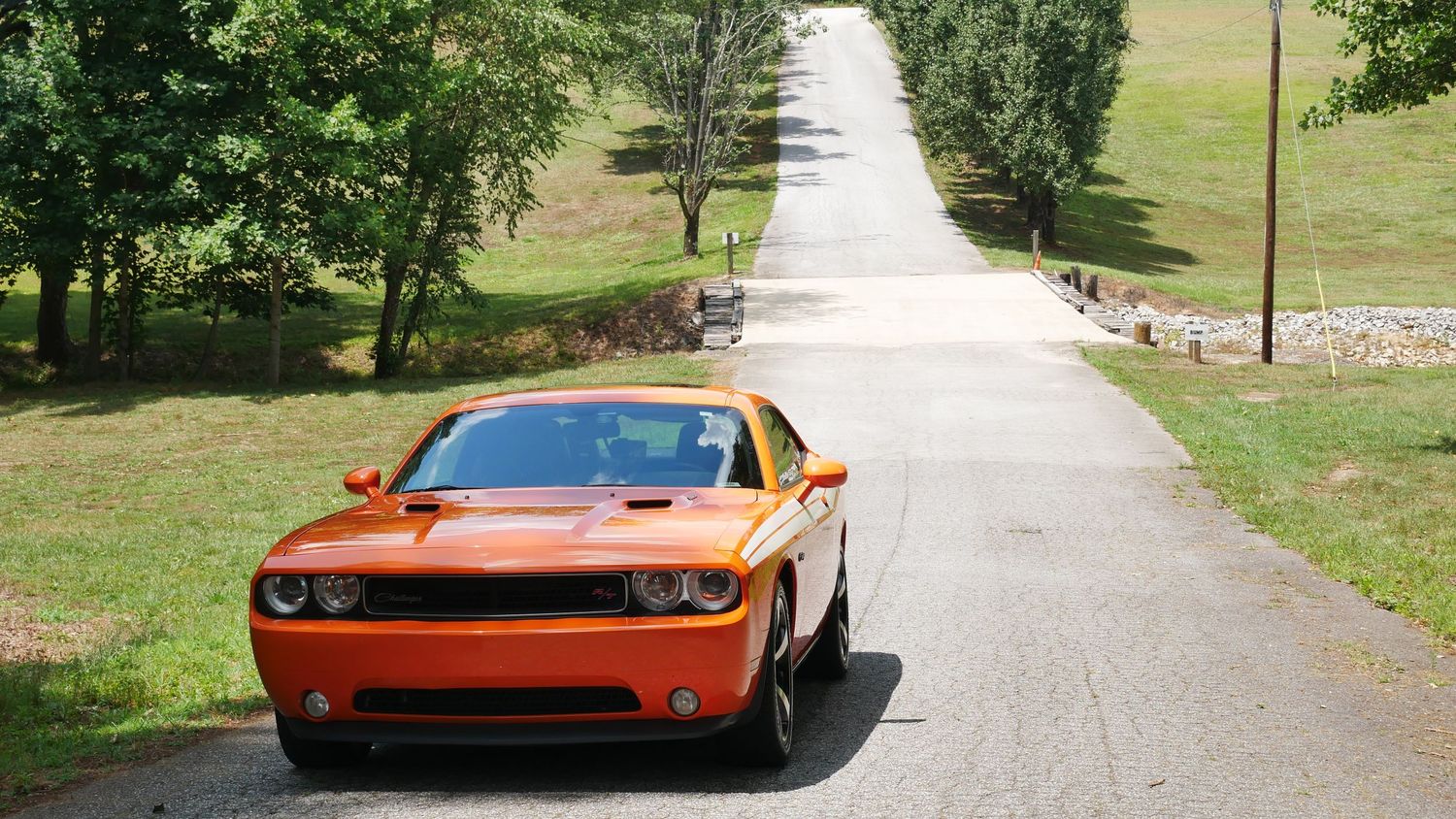 Orange Dodge Challenger photographed from front angle on winding tree-lined road.