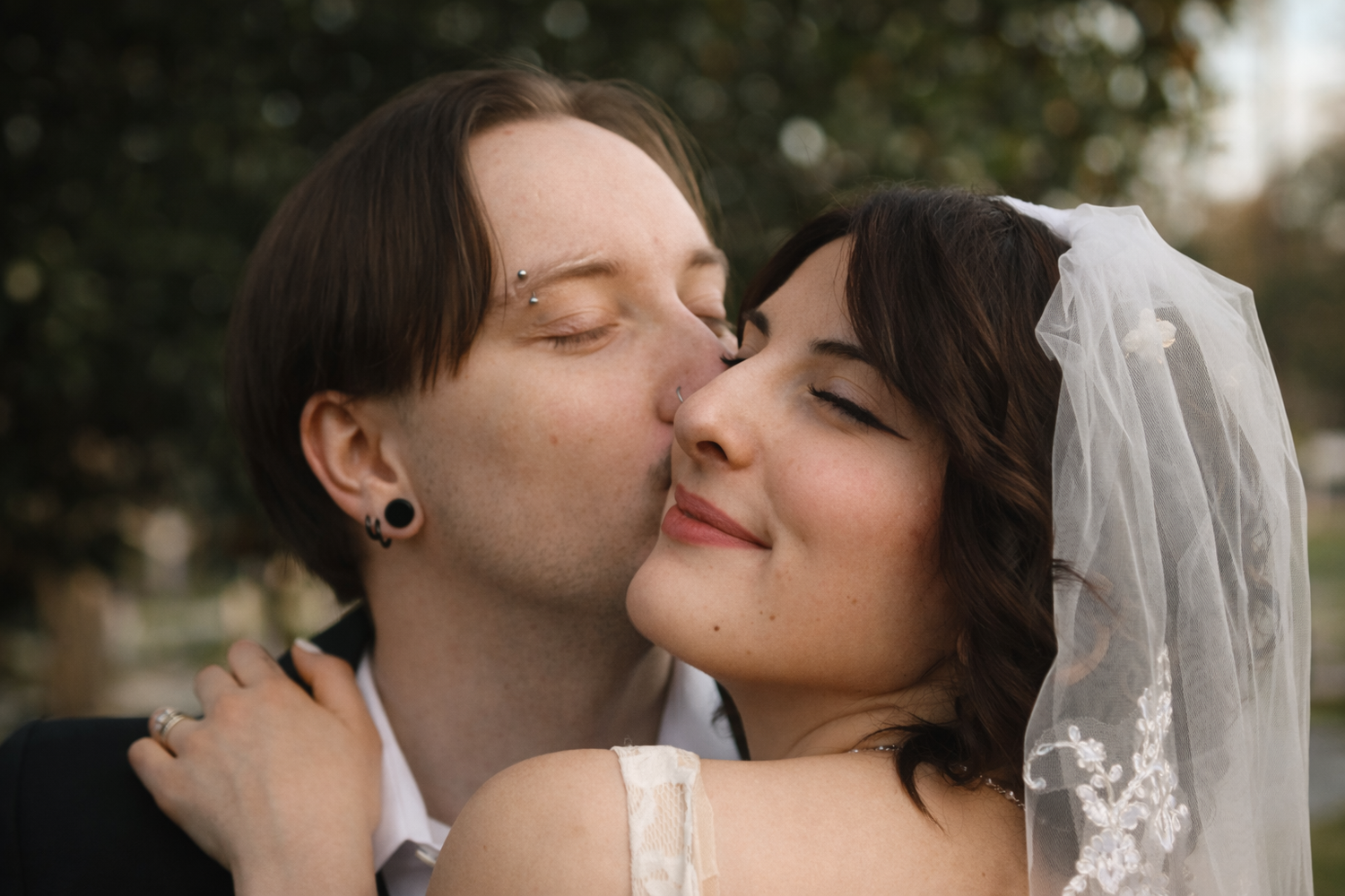A romantic wedding photography collage showing tender moments between newlyweds in an outdoor setting.