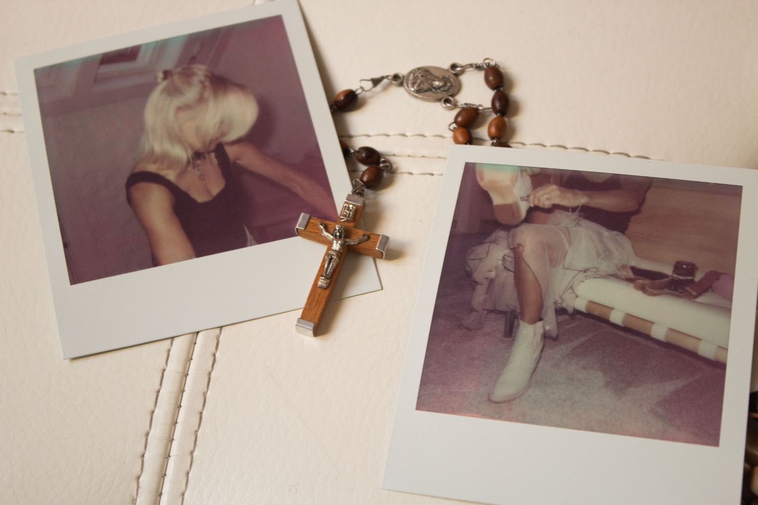 A sequence of vintage photographs displayed in a horizontal row alongside a rosary against a beige background.