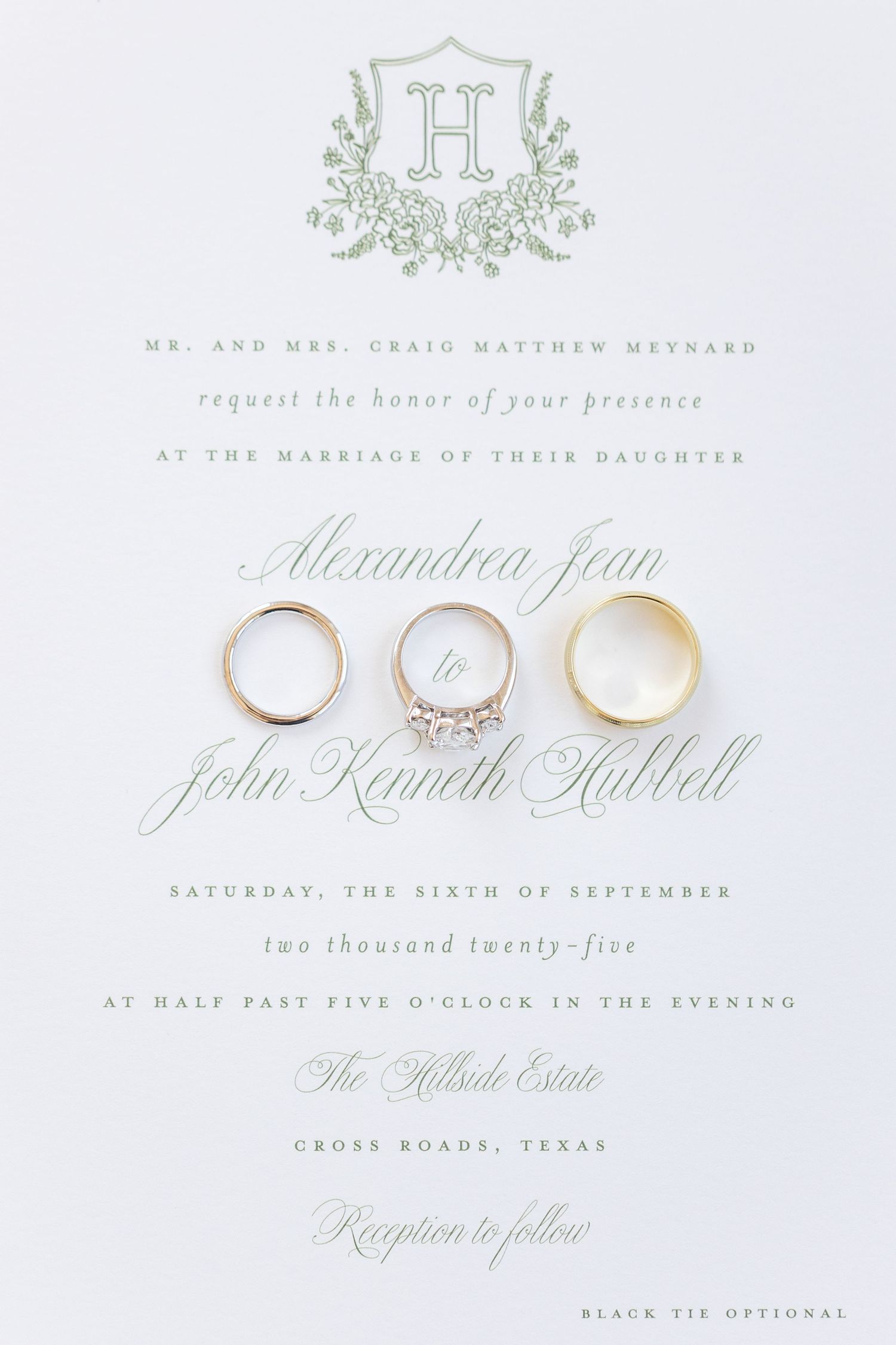 Wedding invitation for Alexandrea Jean and John Kenneth Hubbell with three gold rings at The Hillside Estate.