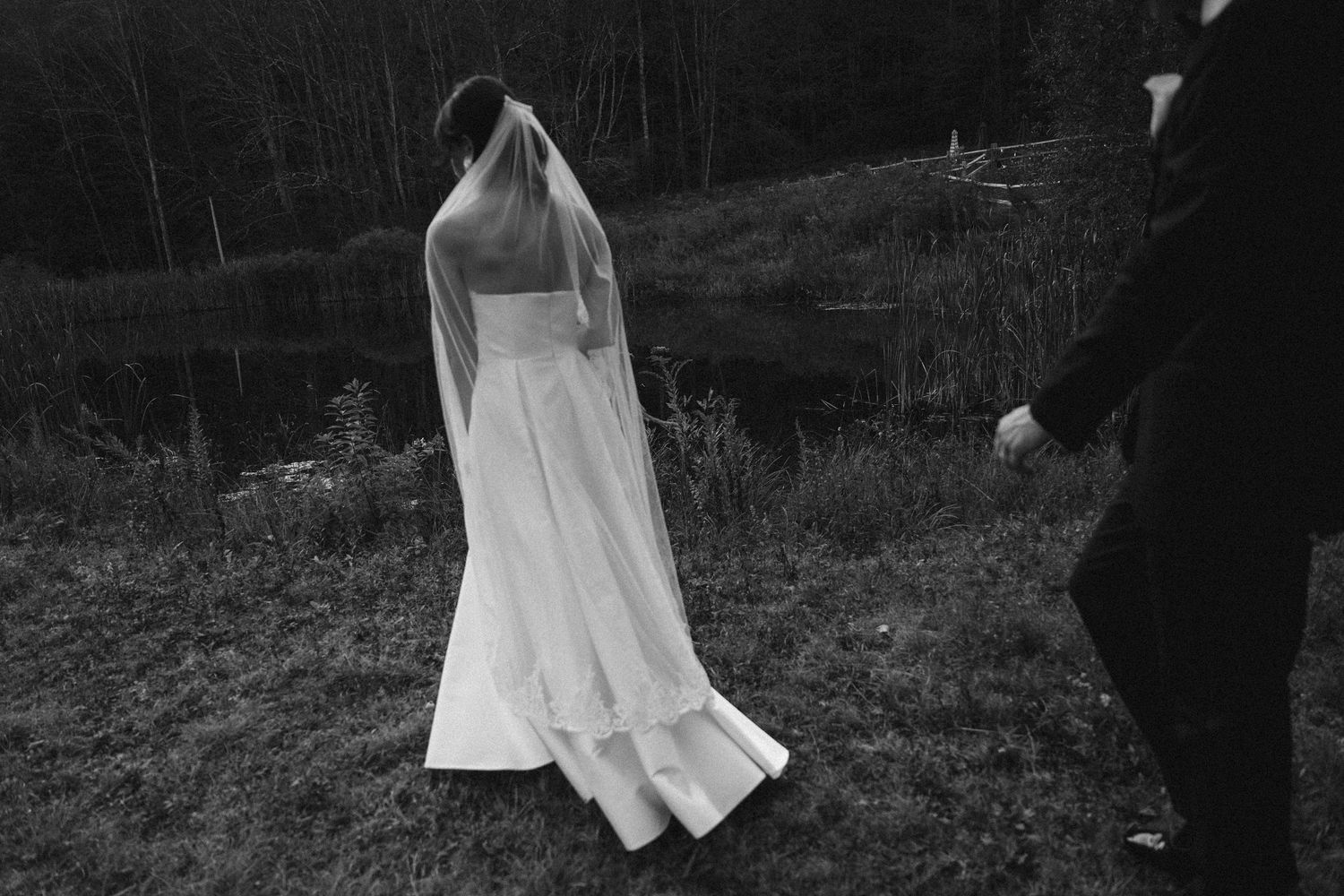 Black and white photo of a bride and groom during their wedding day at La Valley Estates in the Catskills, Long Eddy New York. Anaise Prince