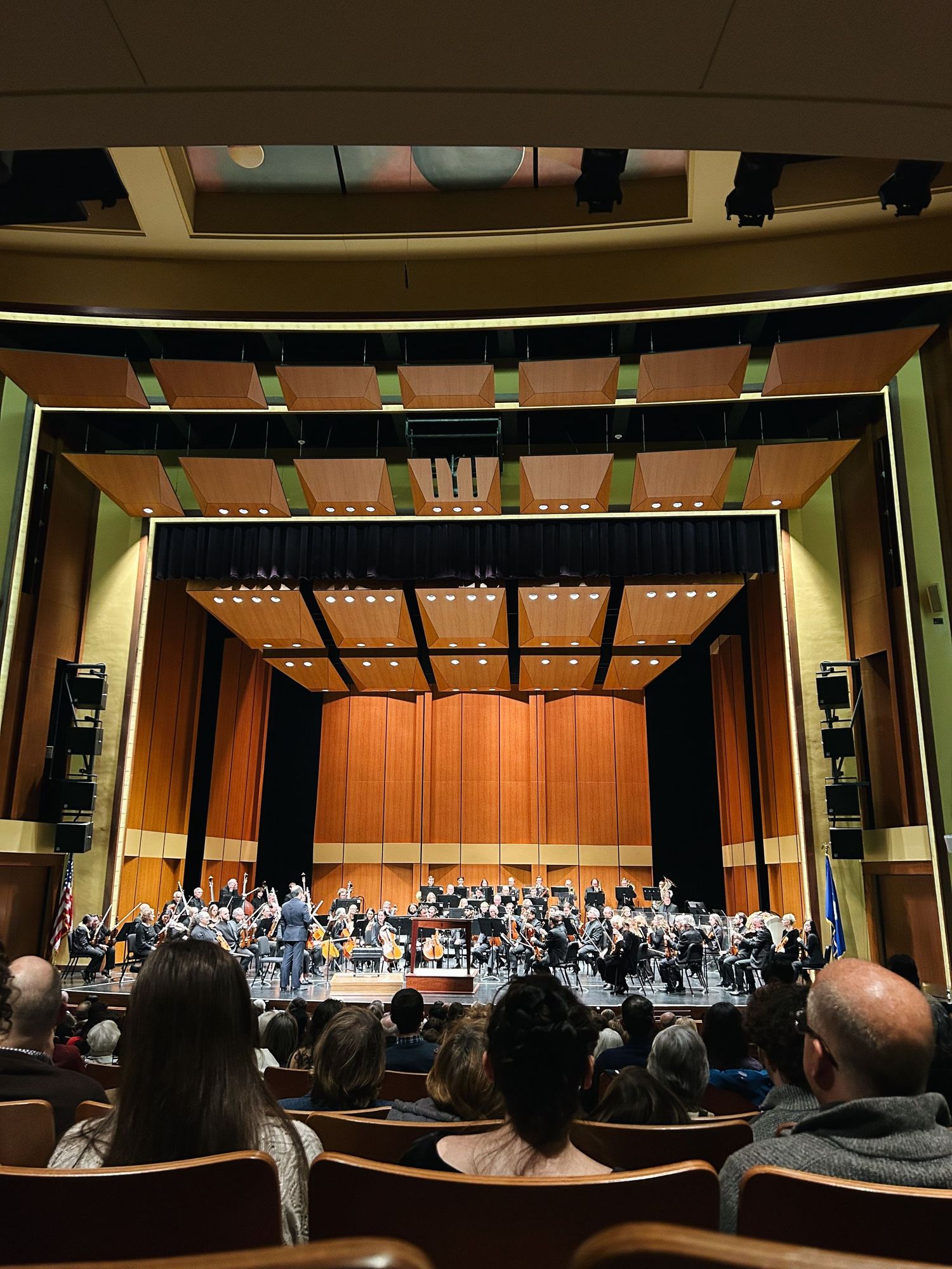 Orchestra performing on a wooden stage in a modern concert hall with audience seated in tiered rows.