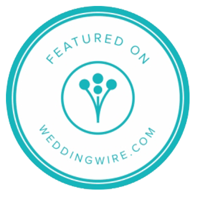 Teal circular badge reading Featured on WeddingWire.com with floral bouquet icon.