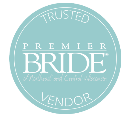 Premier Bride Trusted Vendor badge for Northeast and Central Wisconsin in teal and white.