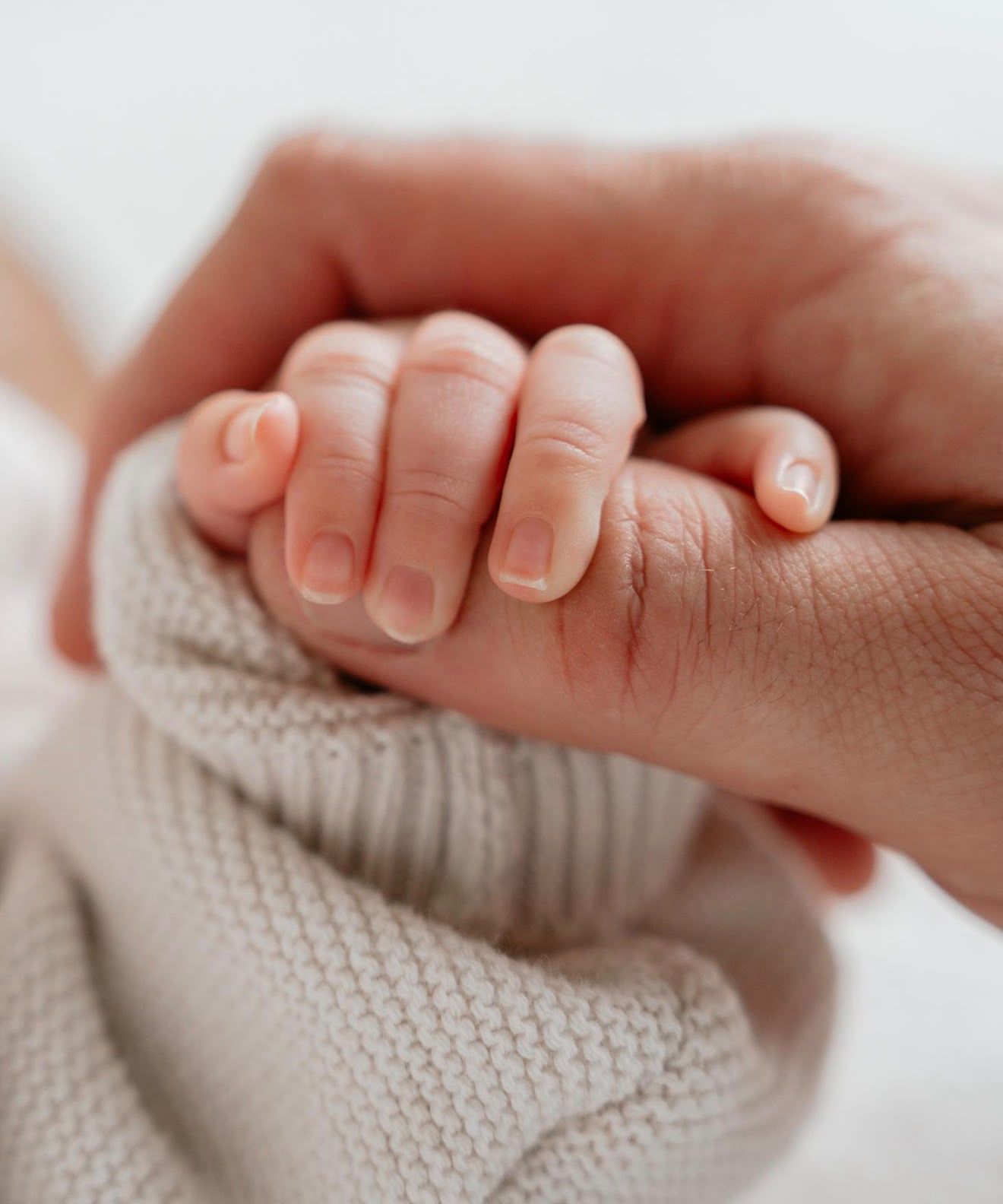 Close up newborn photography of a baby's tiny hand holding a parent's finger, wrapped in a soft cream knitted blanket.