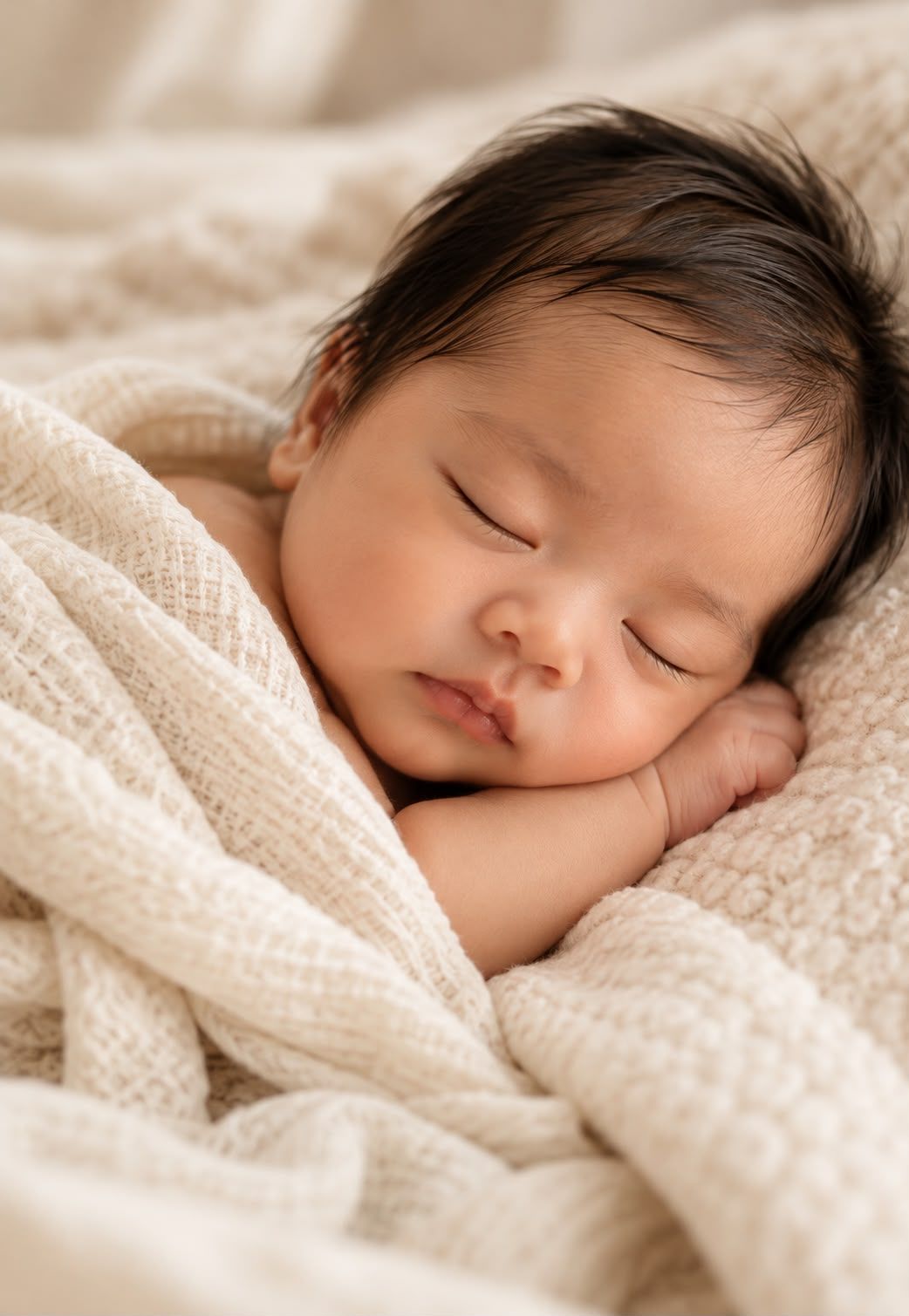 Newborn photography of a peacefully sleeping baby with dark hair, wrapped in a soft ivory knitted blanket in warm, natural tones.