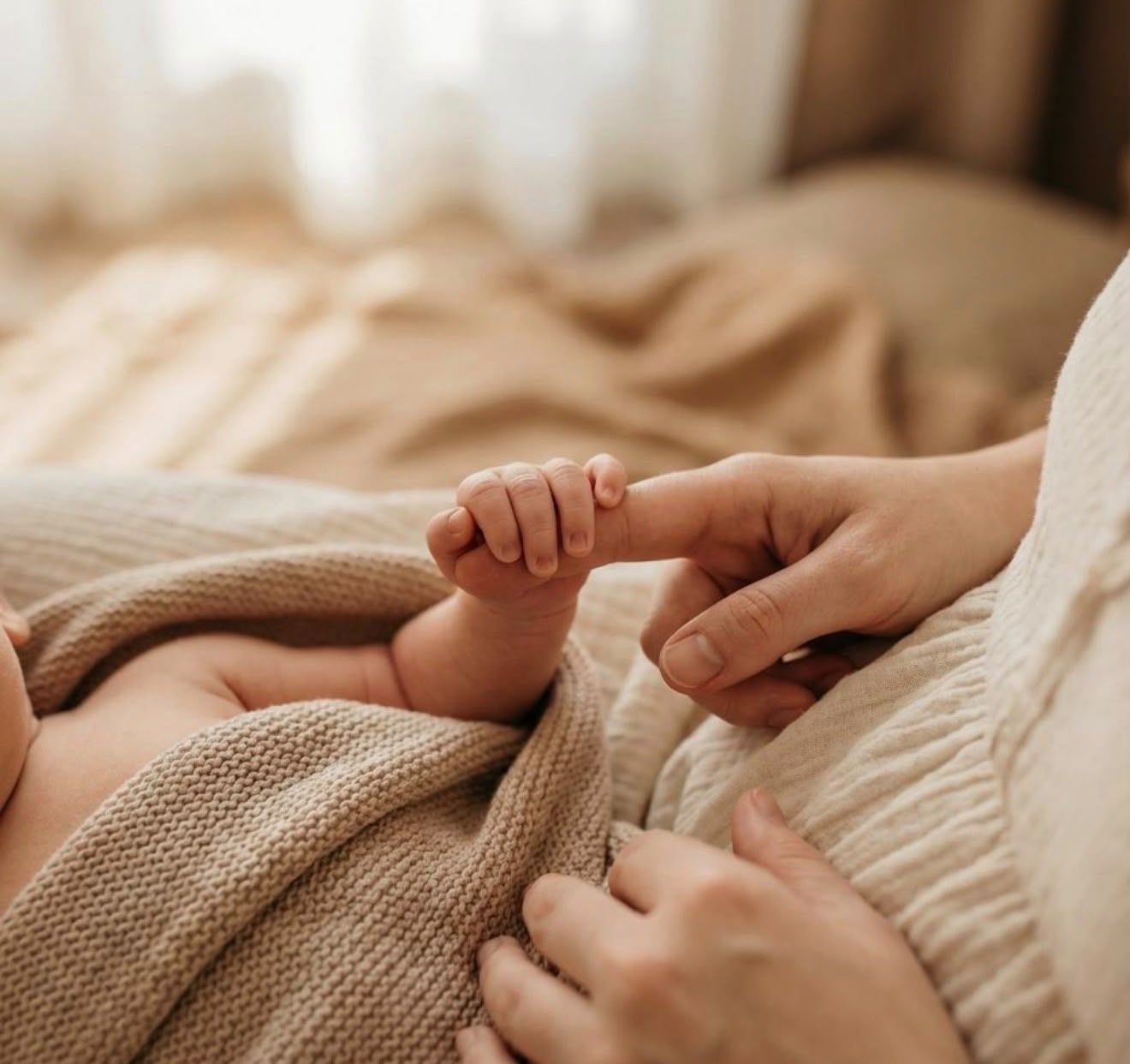 A tender newborn holds a parent’s finger, wrapped in a soft beige knitted blanket in a peaceful, neutral-toned newborn photography portrait.