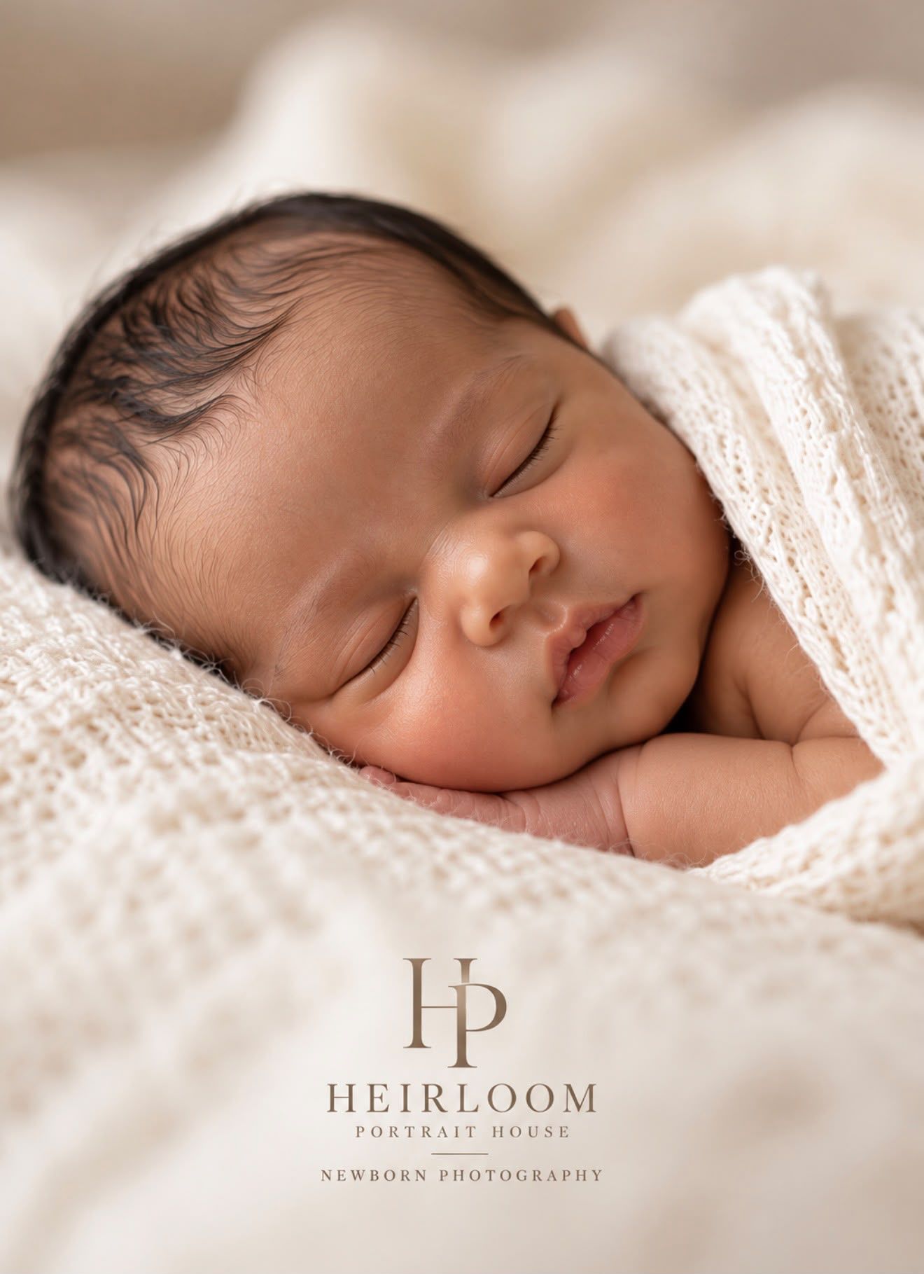 Sleeping newborn baby wrapped in a soft ivory knitted blanket, captured in a peaceful, light and airy portrait with warm neutral tones.