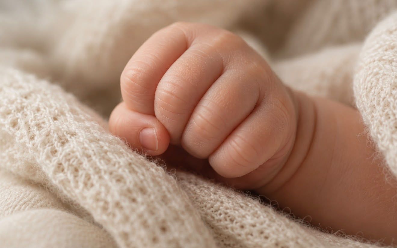 Close-up newborn photography of a baby’s tiny curled hand resting against a soft cream blanket, highlighting delicate fingers and skin.