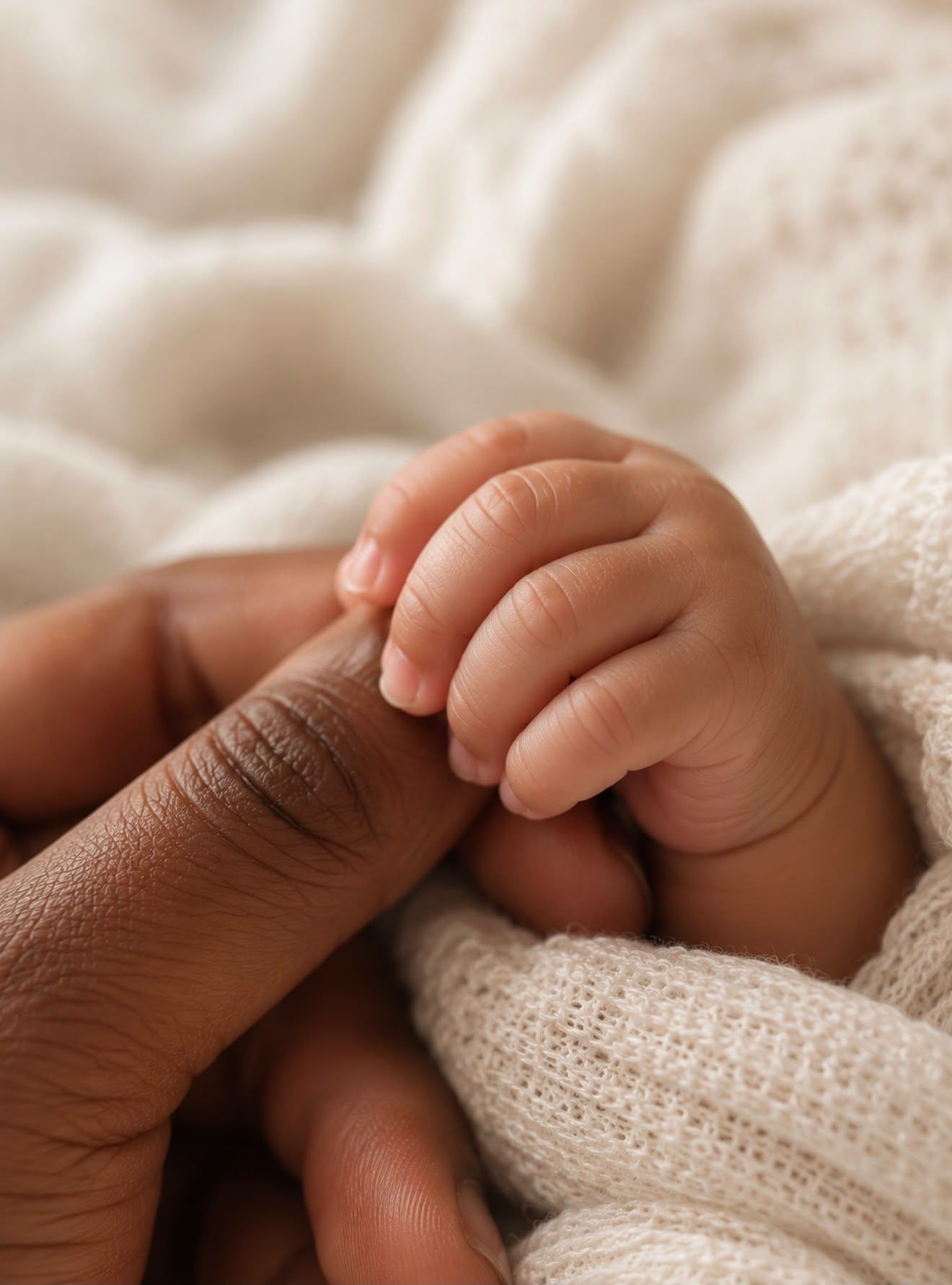 Newborn photo of a baby’s tiny hand holding a parent’s finger, wrapped in soft ivory knitwear and warm neutral tones, in a timeless portrait