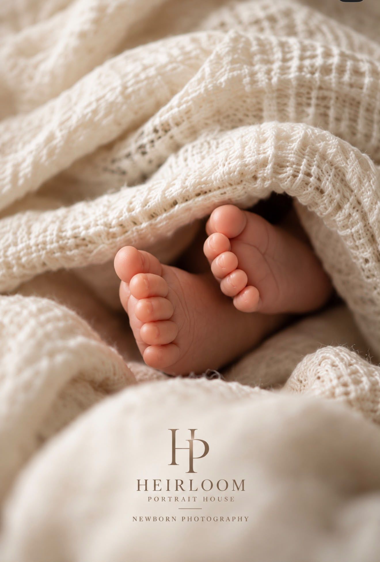 Newborn photography of tiny baby feet beneath an ivory knitted blanket, in warm beige tones in gentle light.