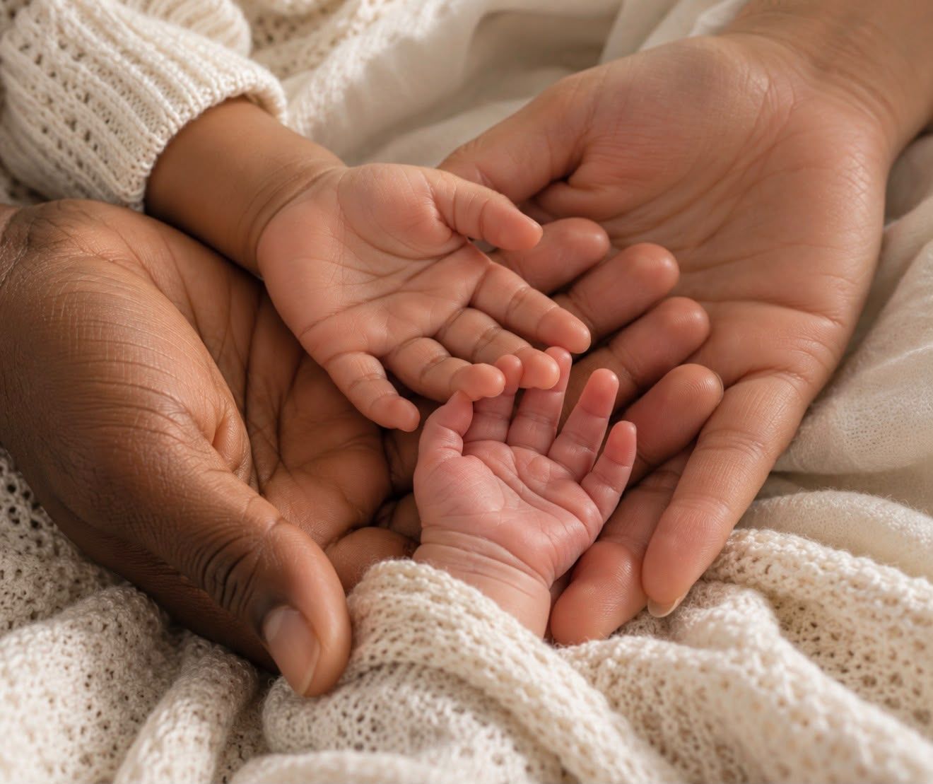 Close-up newborn family photography showing a baby’s tiny hands held gently by both parents, surrounded by soft cream knitted blankets.