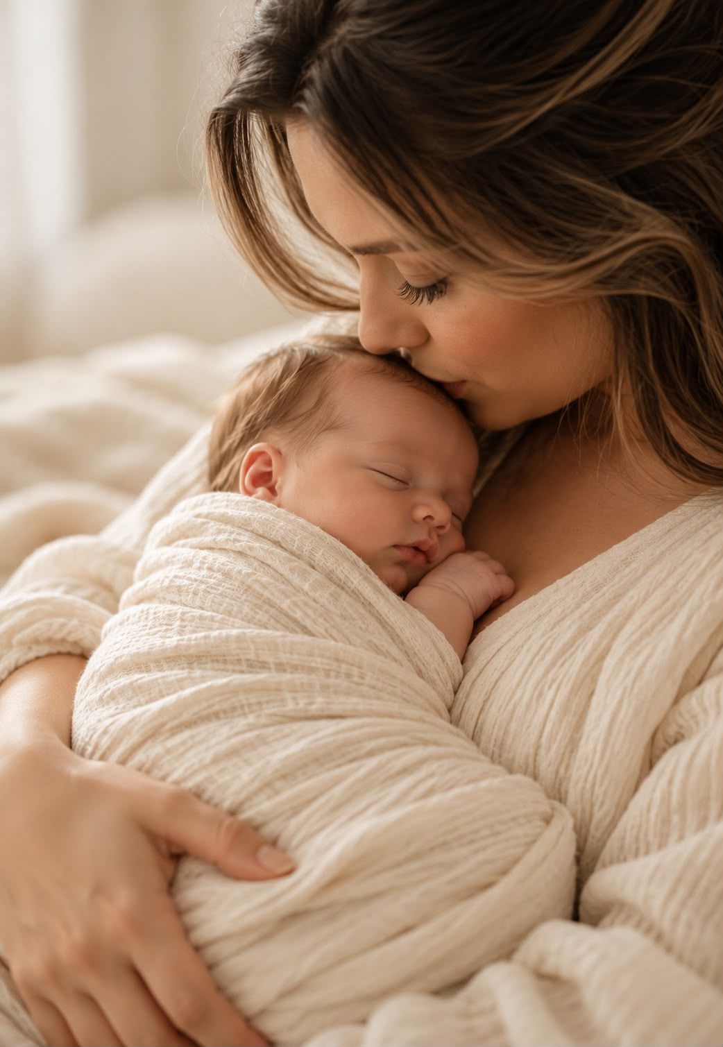Newborn and family photography capturing a mother gently kissing her sleeping baby, wrapped in a soft ivory blanket in warm natural light.