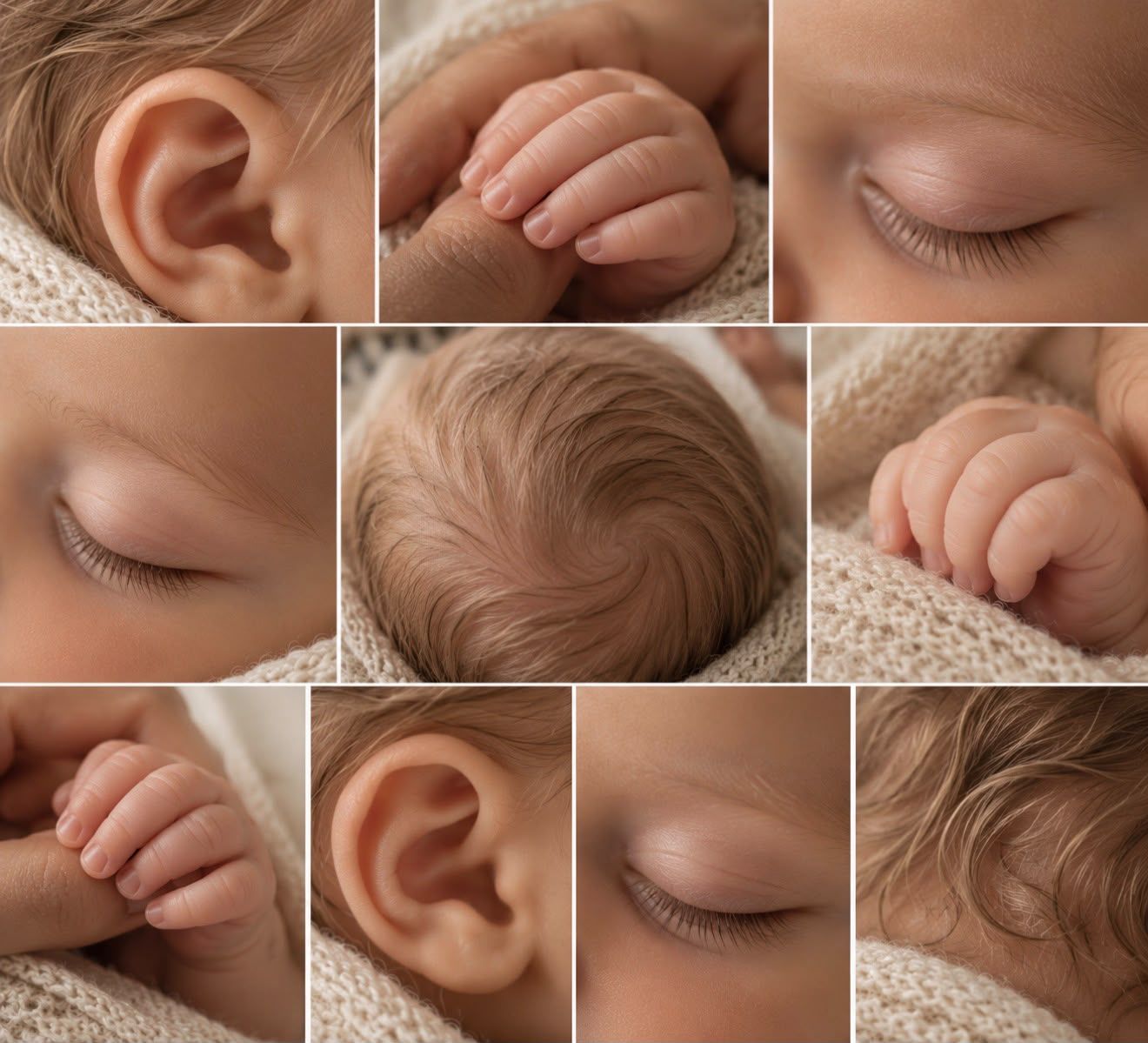 Newborn detail photography collage featuring tiny hands and feet, delicate eyelashes, a small ear and soft baby hair against cream blankets