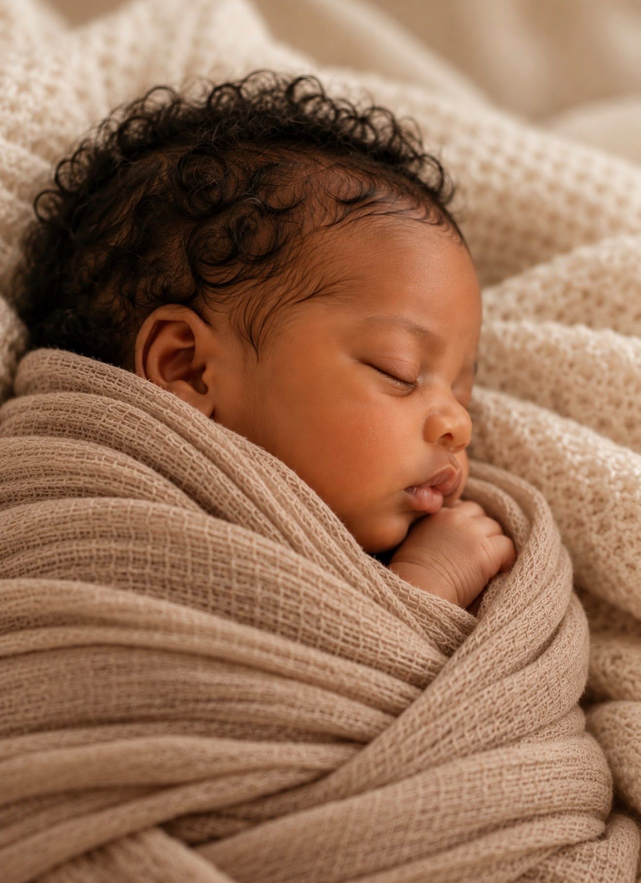Newborn photography of a sleeping baby with natural curly hair, wrapped in a soft taupe knitted blanket against a warm beige backdrop.