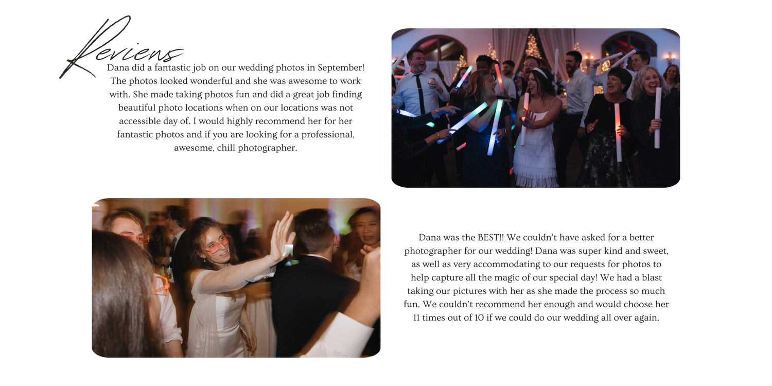 Side by side layout of wedding testimonials and reception party photos.