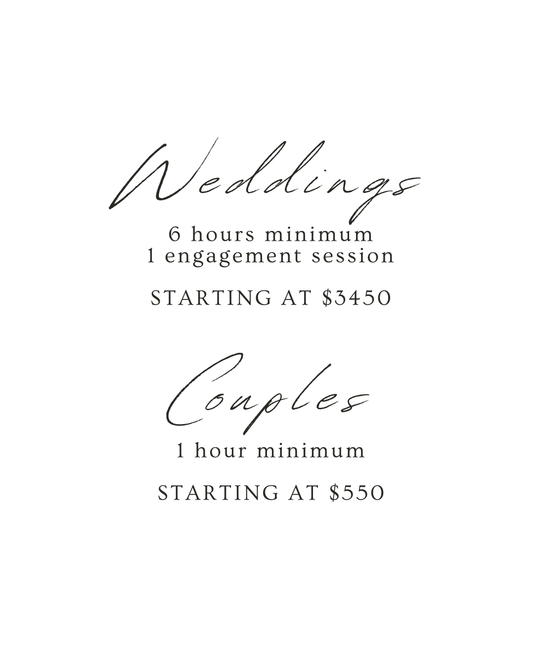Wedding photography pricing list with package details on black background.
