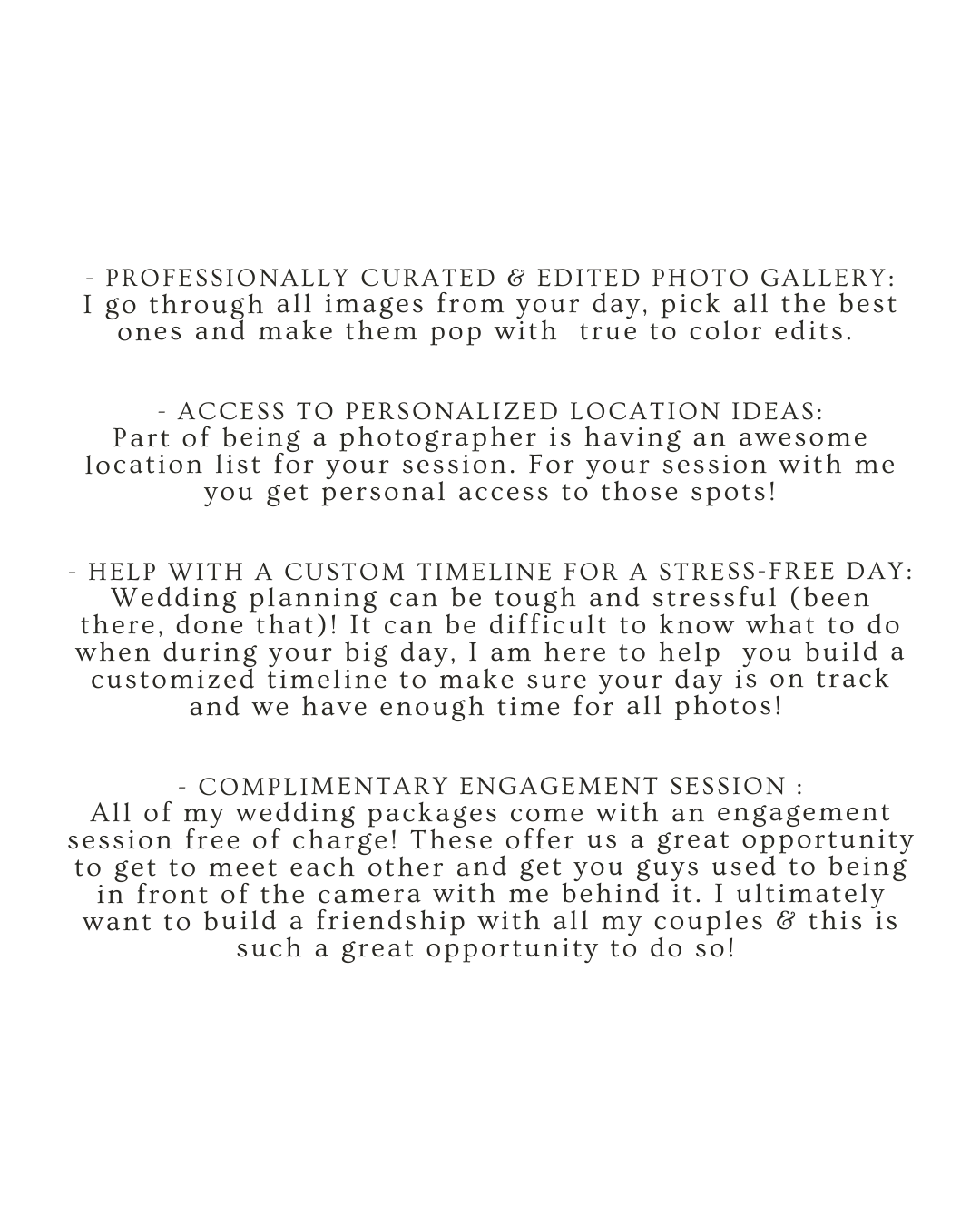 Wedding photography package details and services list displayed on dark background.