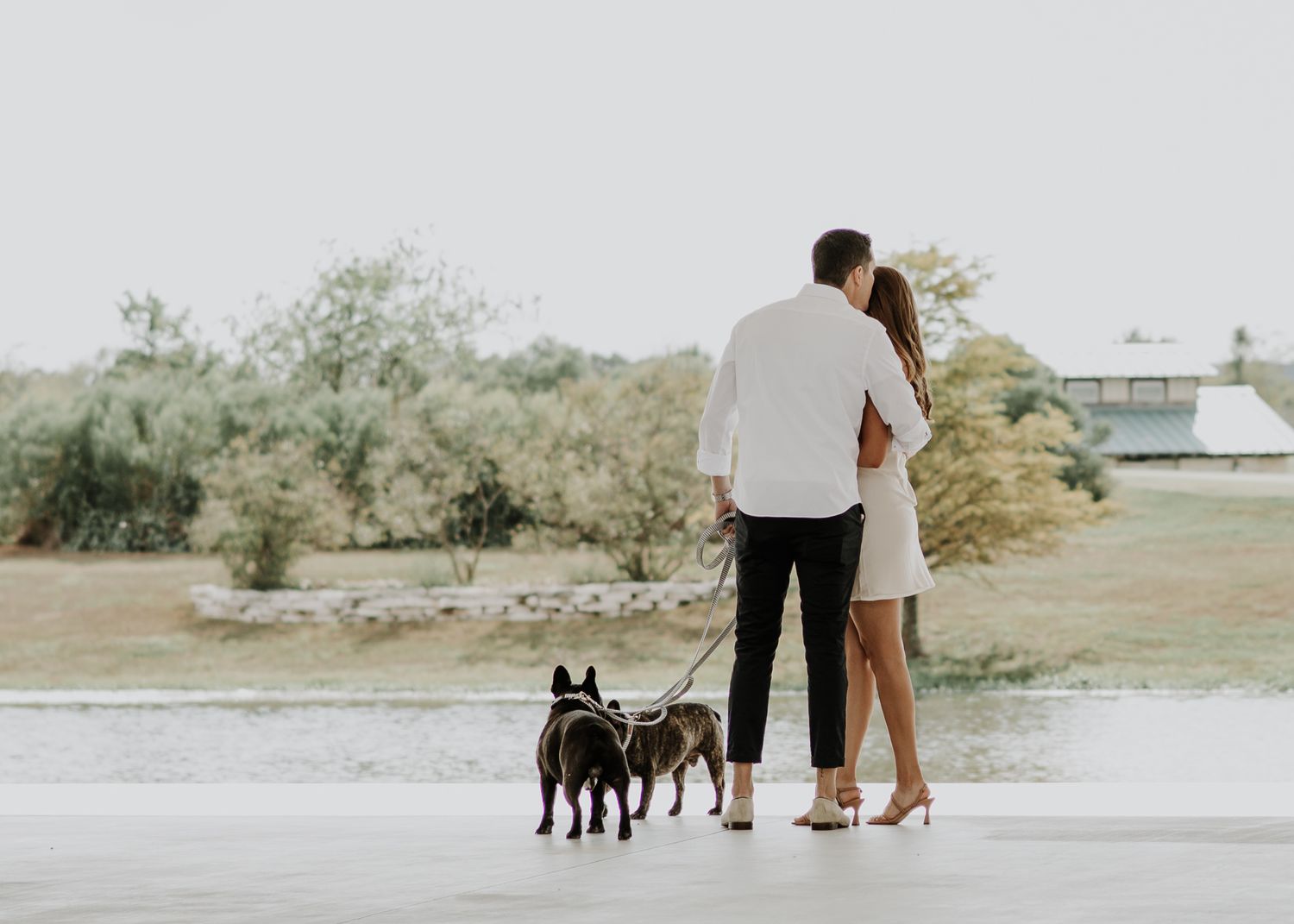 A couple stands together looking at the view with their dogs by their side.