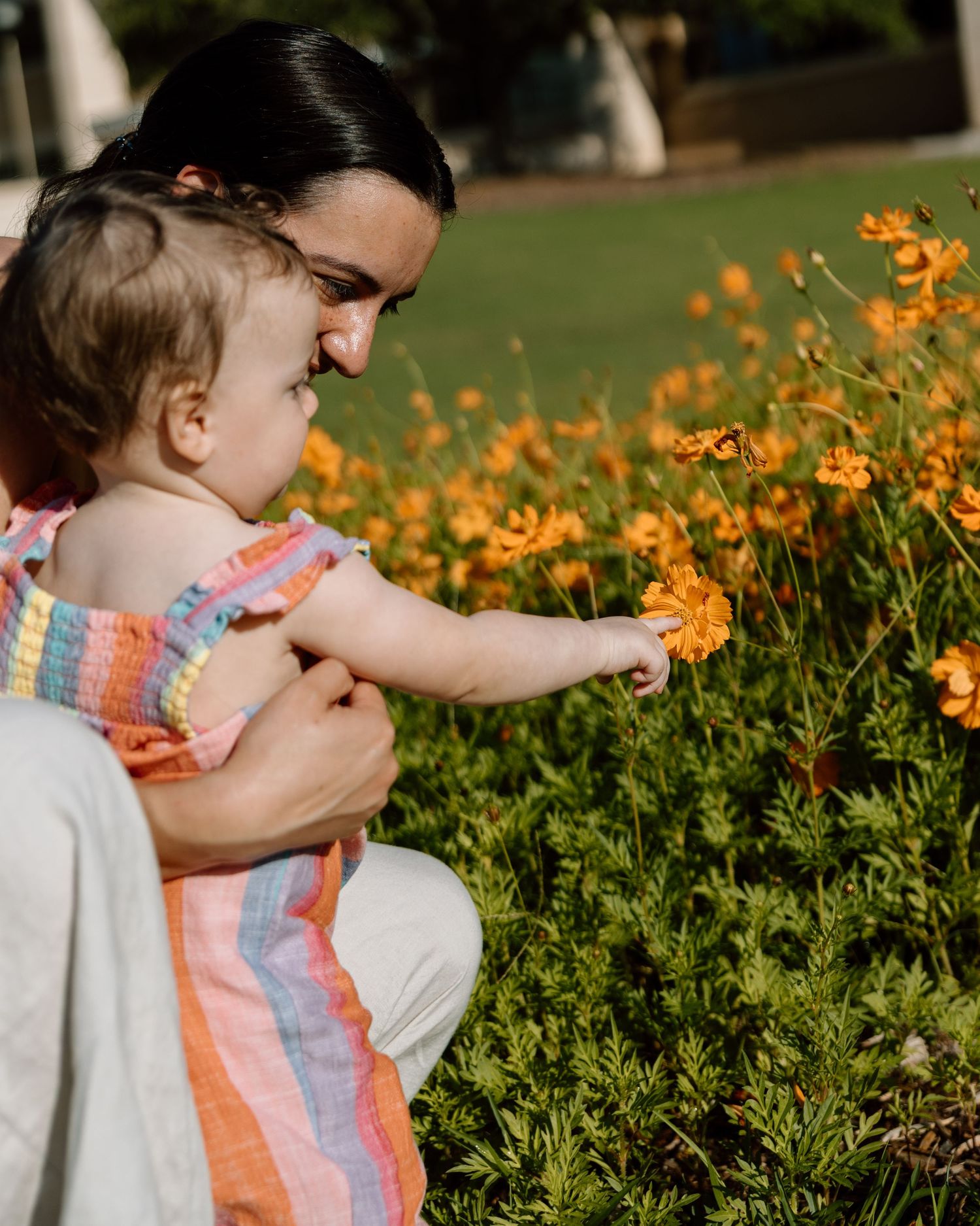 A mother holds her baby near bright orange flowers in a sunny garden, as the child reaches out to touch a bloom.
