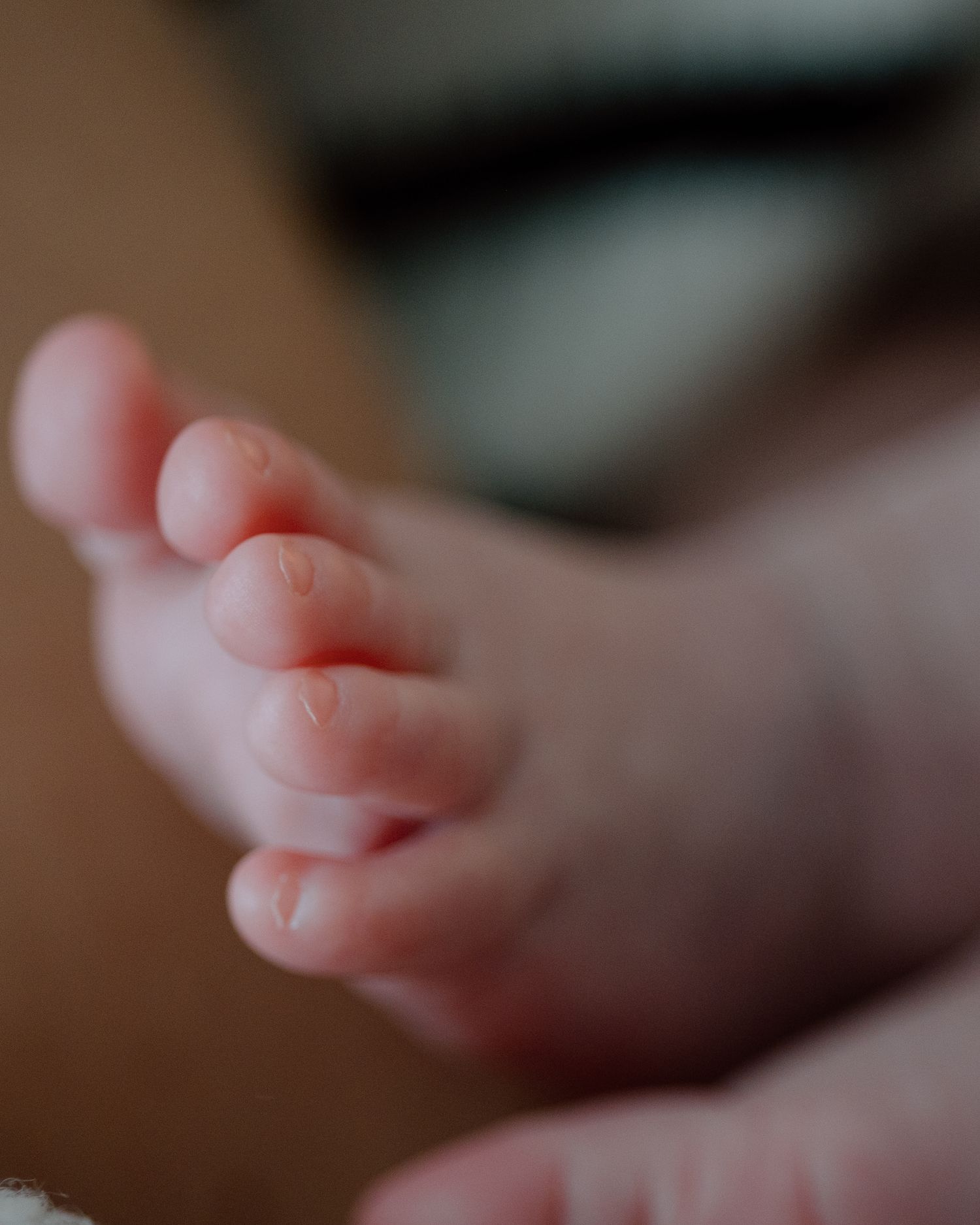 Macro shot of tiny newborn baby toes and feet.