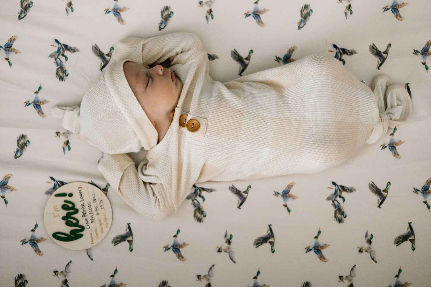 Sleeping newborn baby in cream outfit on bird-print sheet with hello wood sign.