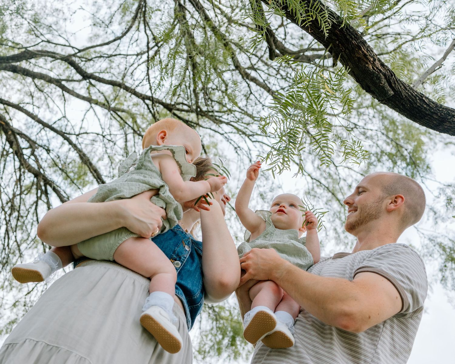 A joyful family plays outdoors together under tree branches on a bright sunny day.