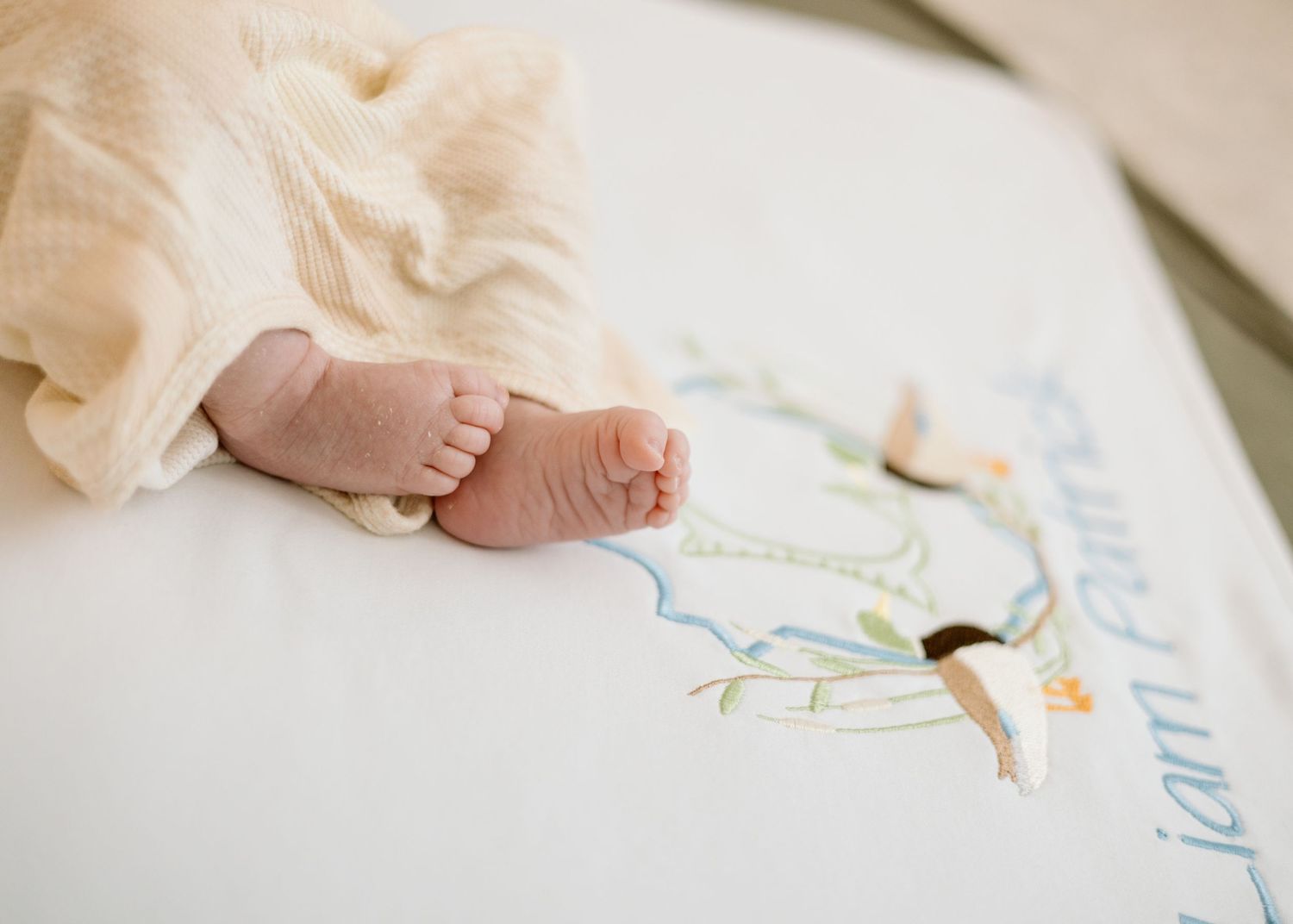 Newborn baby feet resting on a white embroidered blanket with floral wreath design and name Liam Connor.